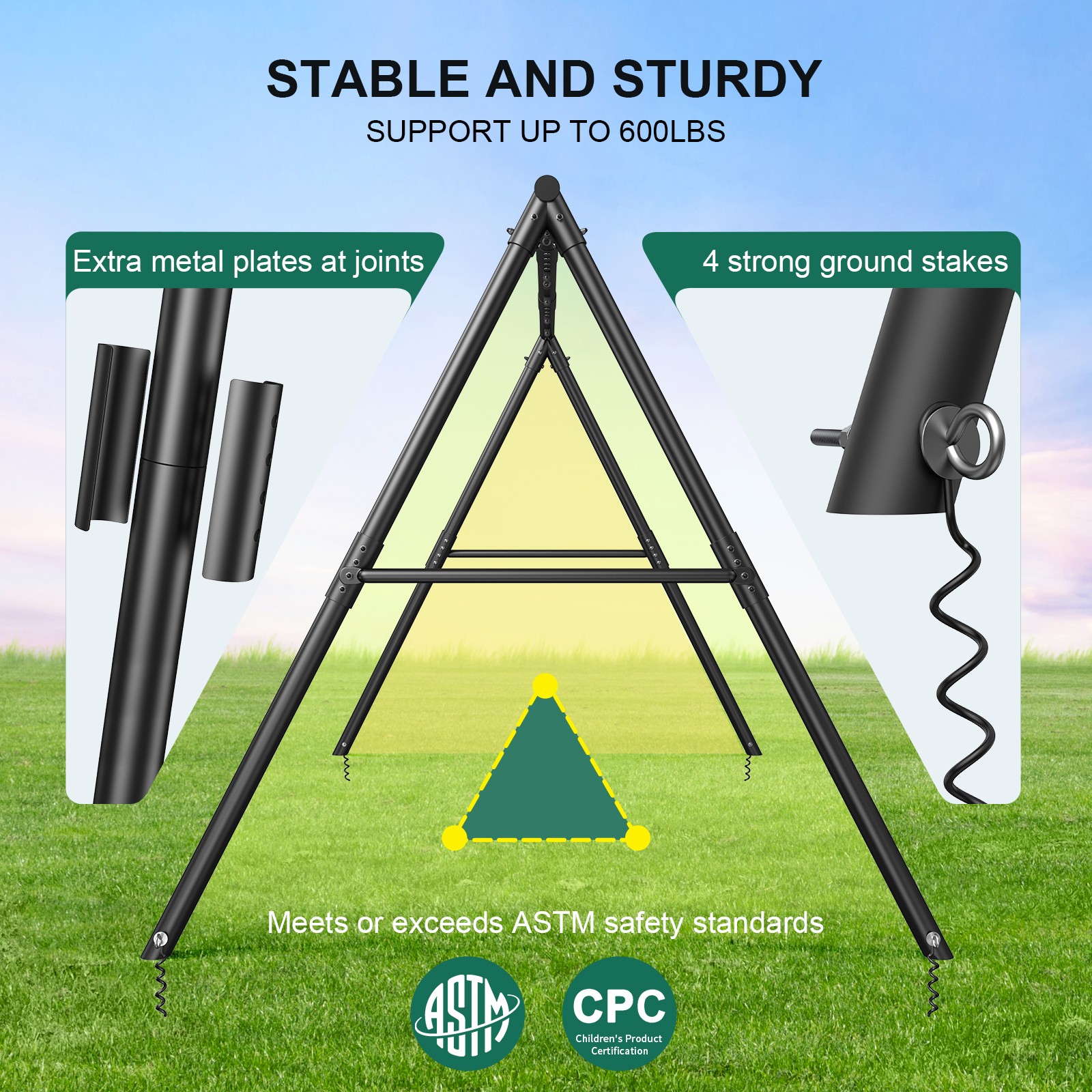 600lb Outdoor Swing Set for Backyard with 3 Swings Heavy Duty Metal Swing Stand