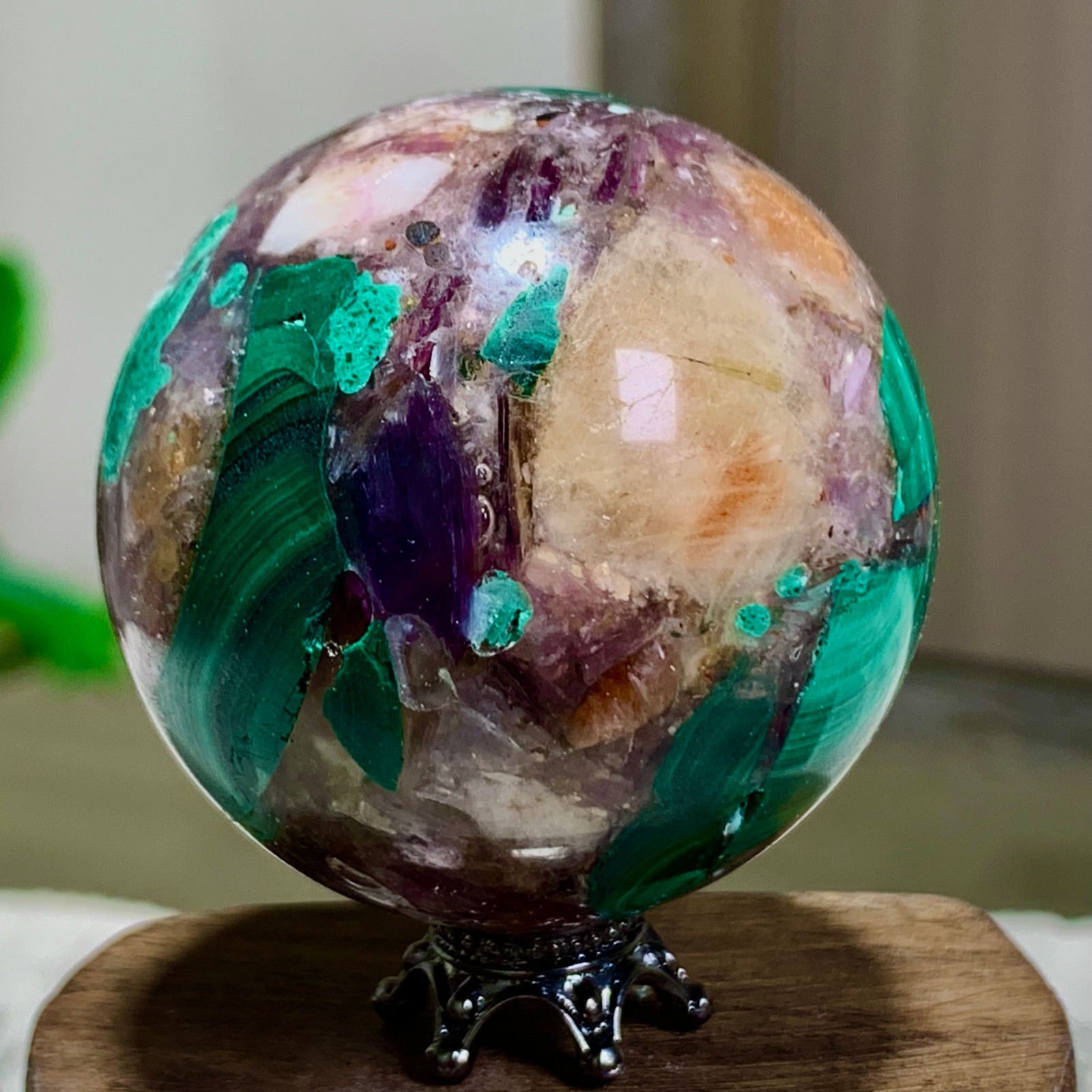 116G Newly discovered rare malachite purple mica symbiotic sphere restoration