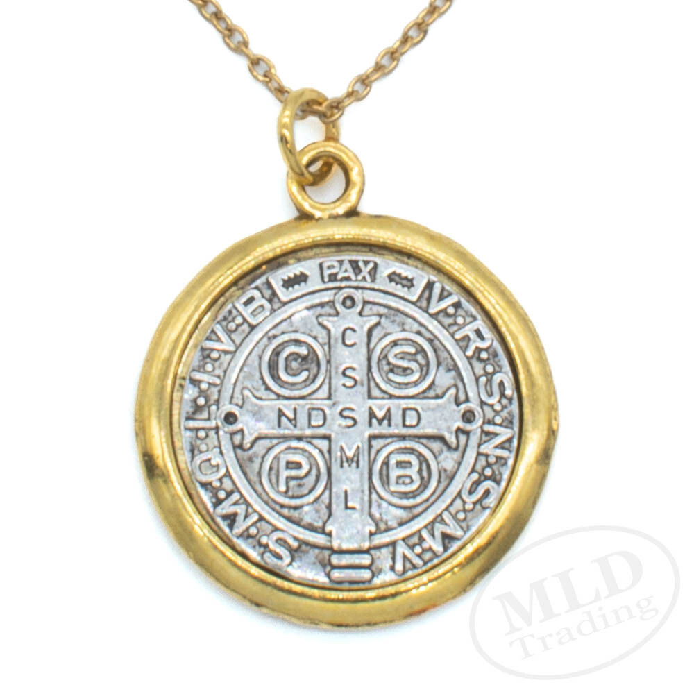 Saint St Benedict Medal Pendant Necklace: Silver w/ Gold Border, 1", 18" Chain