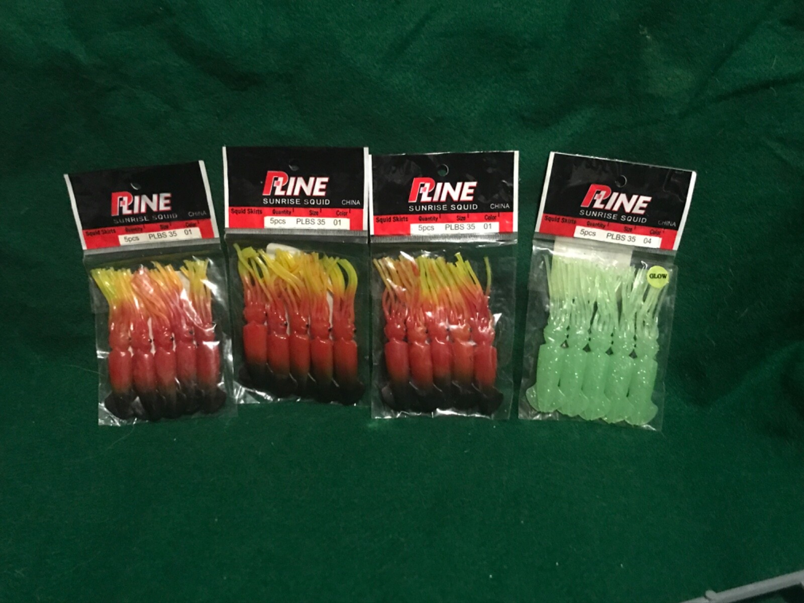 4 NEW 5 Packs P-Line Sunrise Squid skirts 3-1/2" Mixed glow & red black yellow