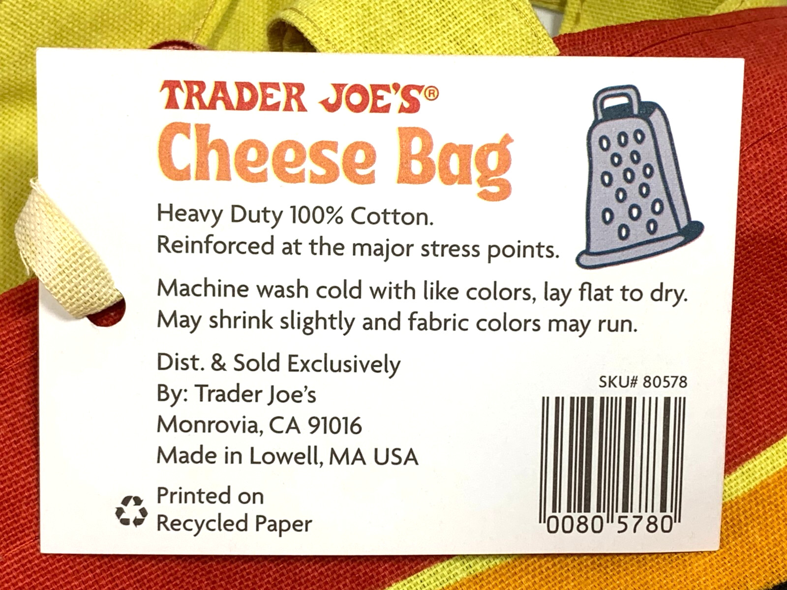 Trader Joe's Bag Tote Canvas NEW Cheese Adventures Shopping Heavy Duty & Large