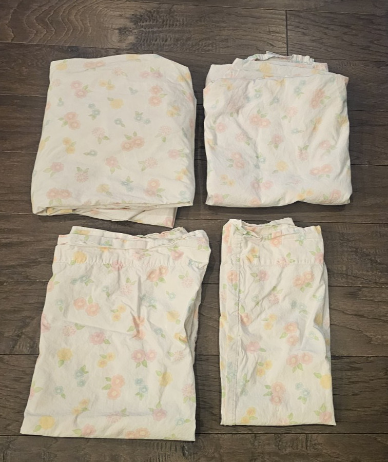Pottery Barn Kids Floral Pink Blue Yellow TWIN Sheets Fitted Flat + 2 Pillowcase