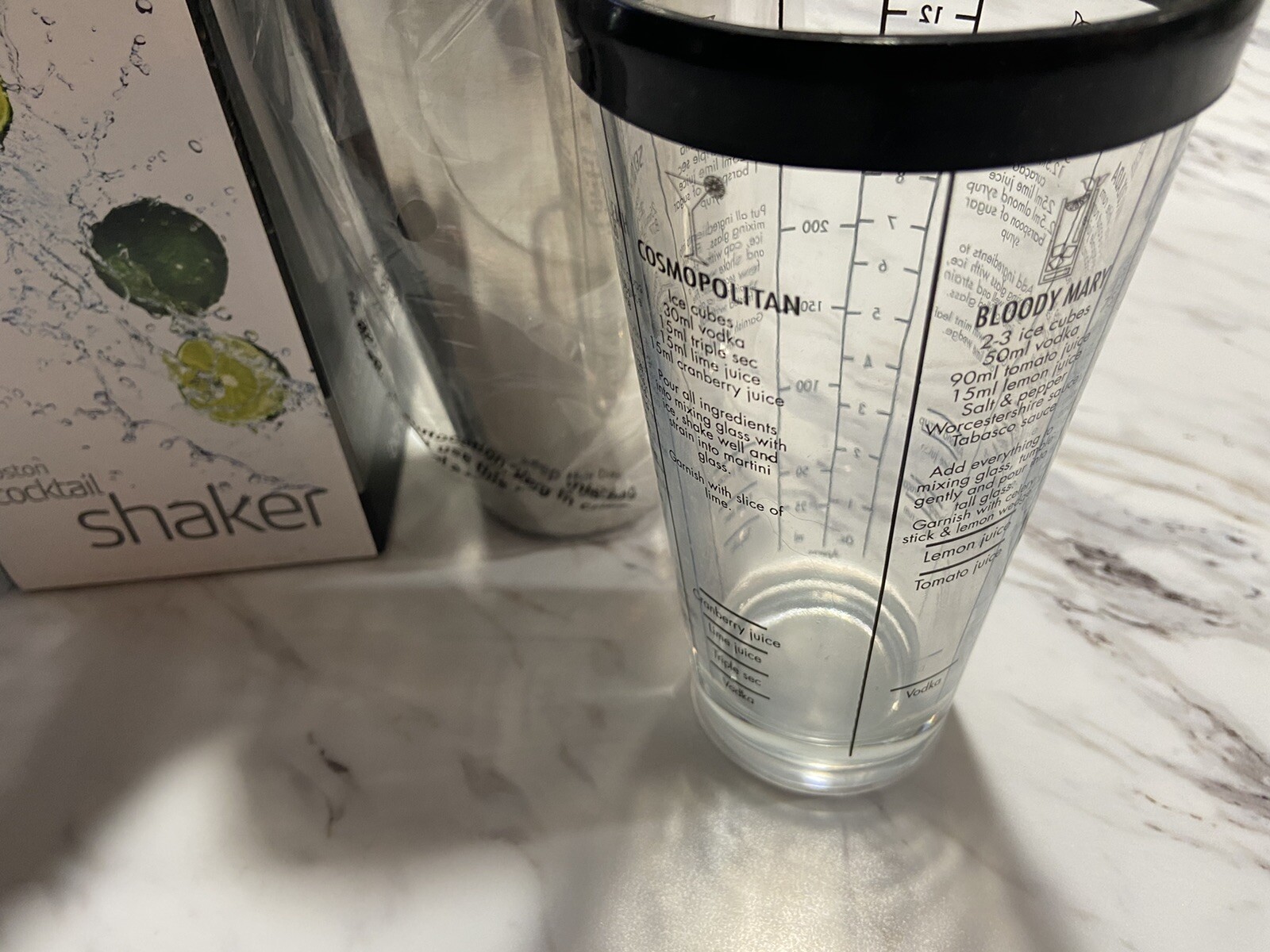 NEW!! BOSTON COCKTAIL SHAKER Stainless Steel And Glass W/Drink Recipes