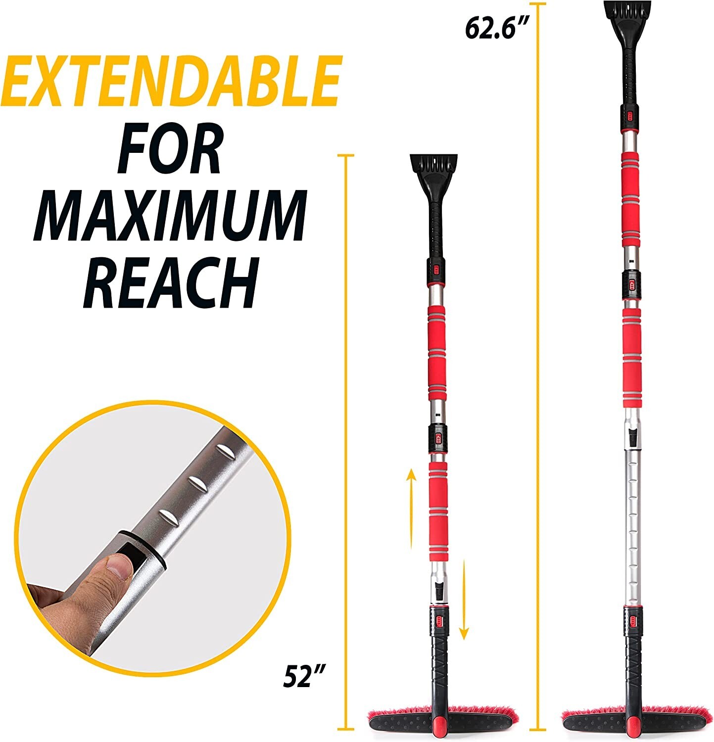62" Portable Extendable Snow Brush and Ice Scraper 360° Pivoting Brush Head