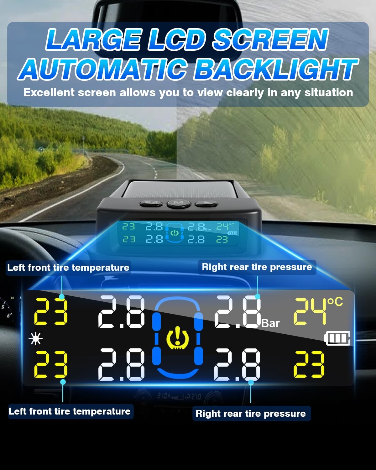 Wireless Solar TPMS LCD Car Tire Pressure Monitoring System + 4 External Sensors