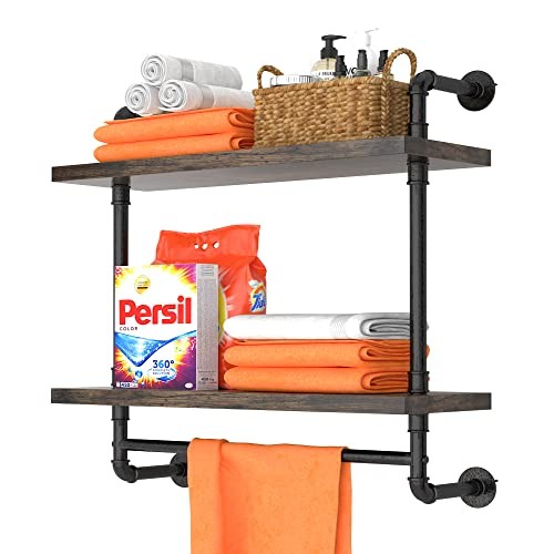 Helsin 24in Industrial Pipe Shelving, 2 Tier Rustic Wood Floating Bathroom