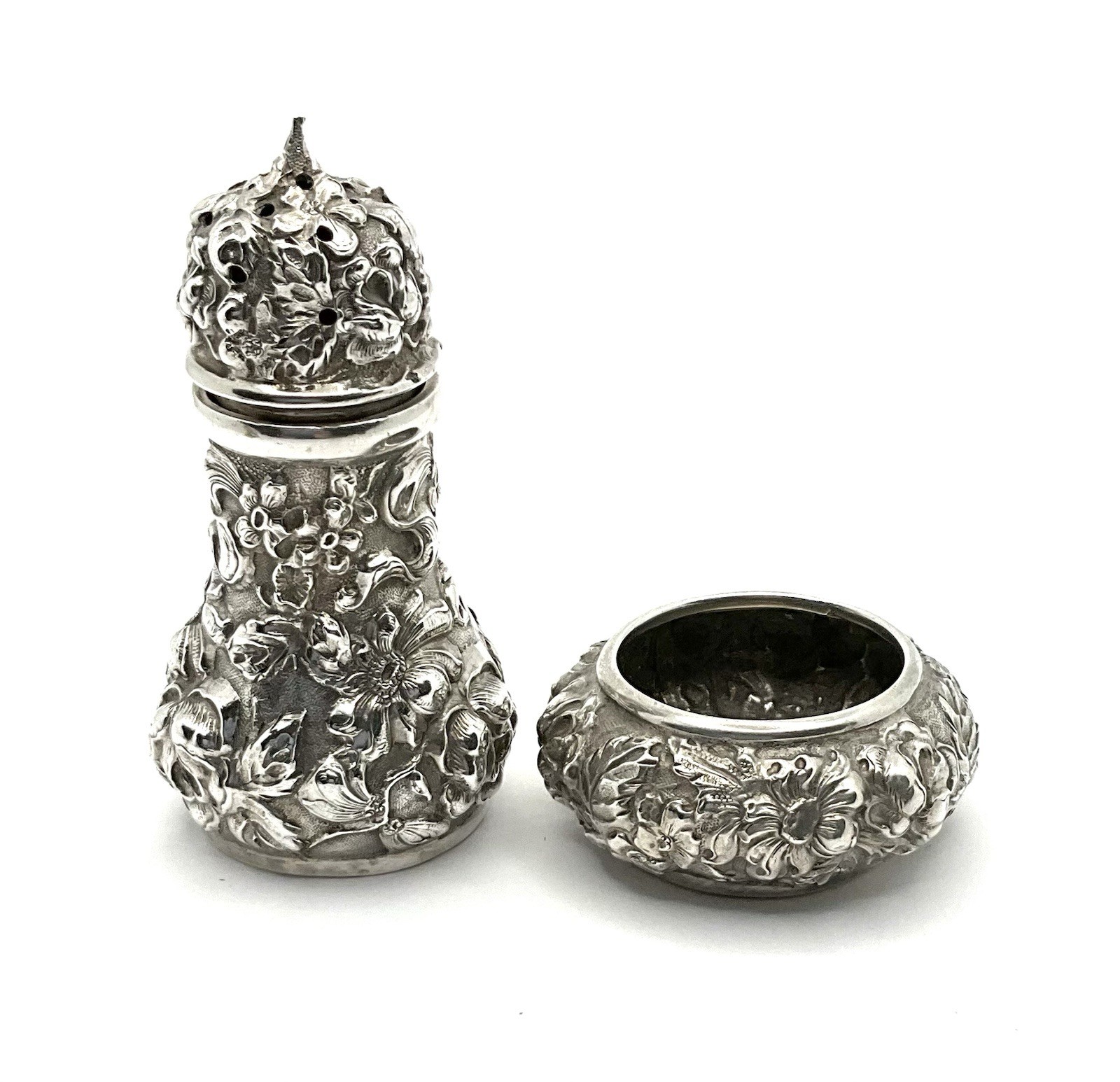 Antique Stieff Rose Repousse Sterling Silver Open Salt Cellar & Pepper C-1920
