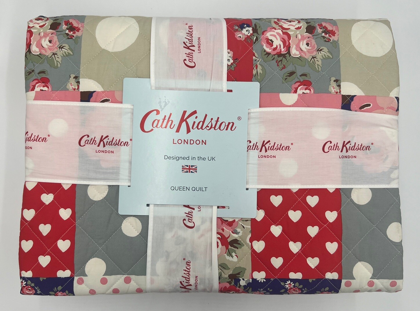 Cath Kidston Queen Quilt, Patchwork - Ruby, 100% Cotton, Polka Dot Floral, New