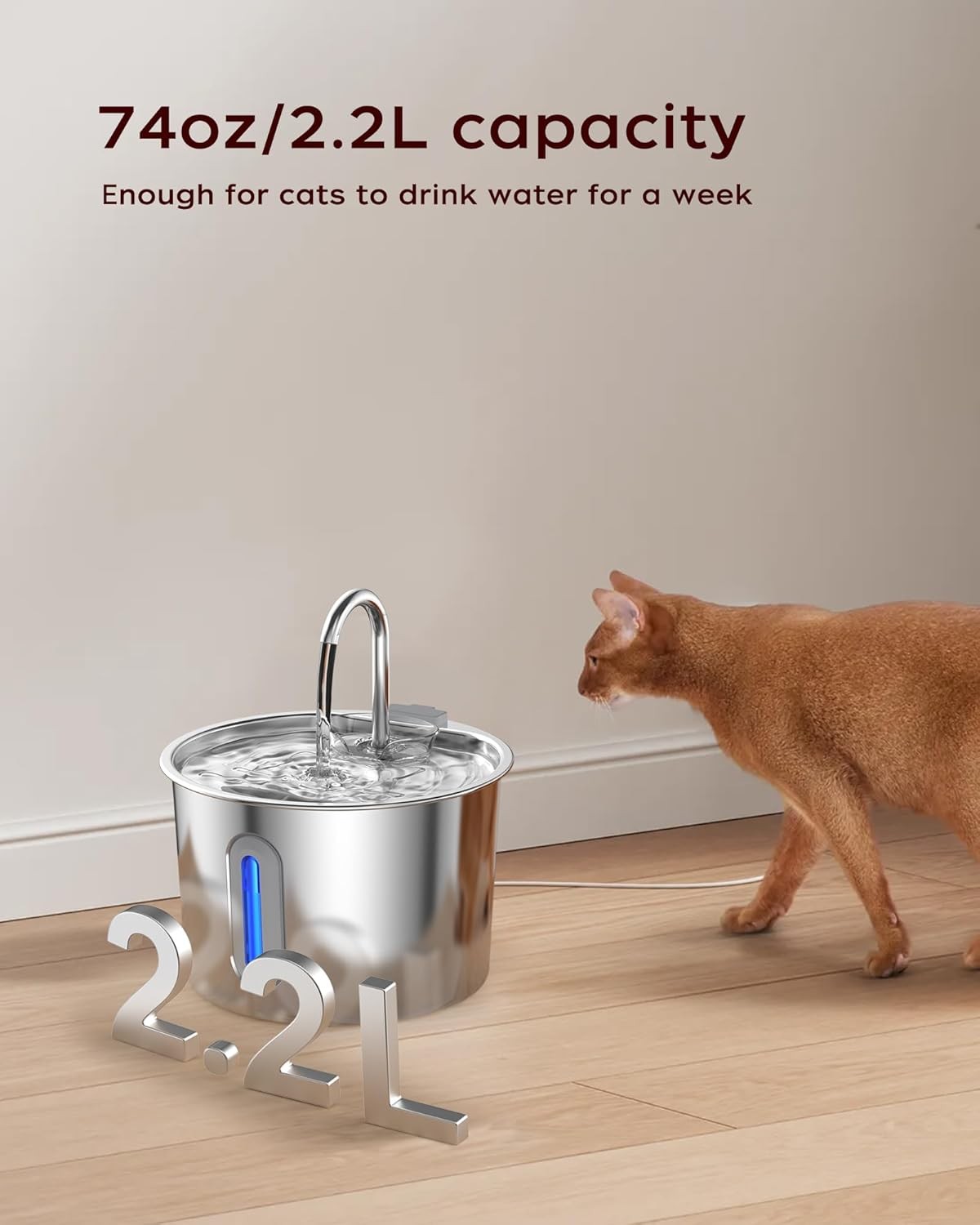 74.4oz/2.2L Cat Water Fountain Stainless Steel, Automatic Pet Water Dispenser