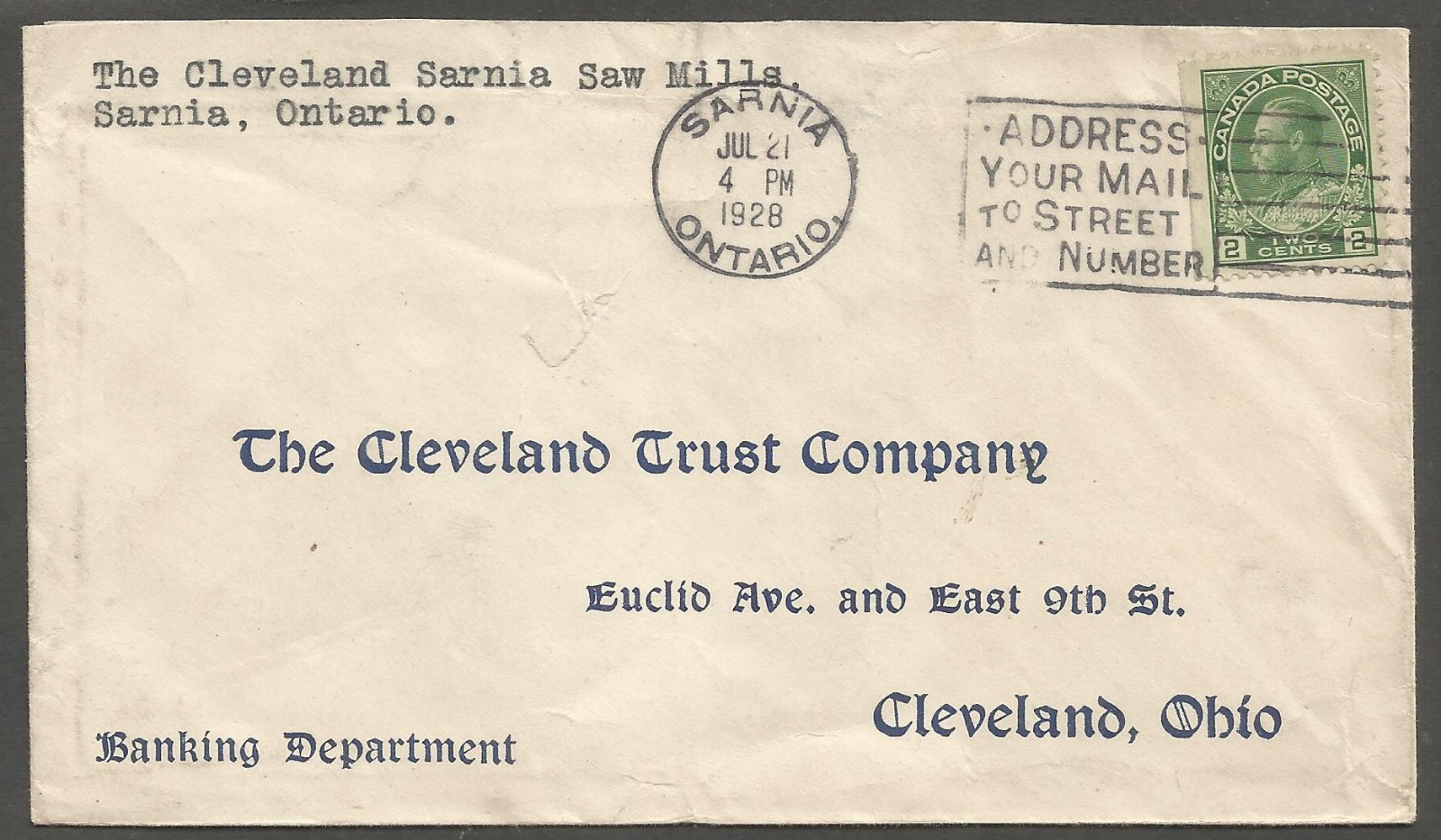 1928 Cleveland Sarnia Saw Mills Cover 2c Admiral Slogan Sarnia Ontario to USA