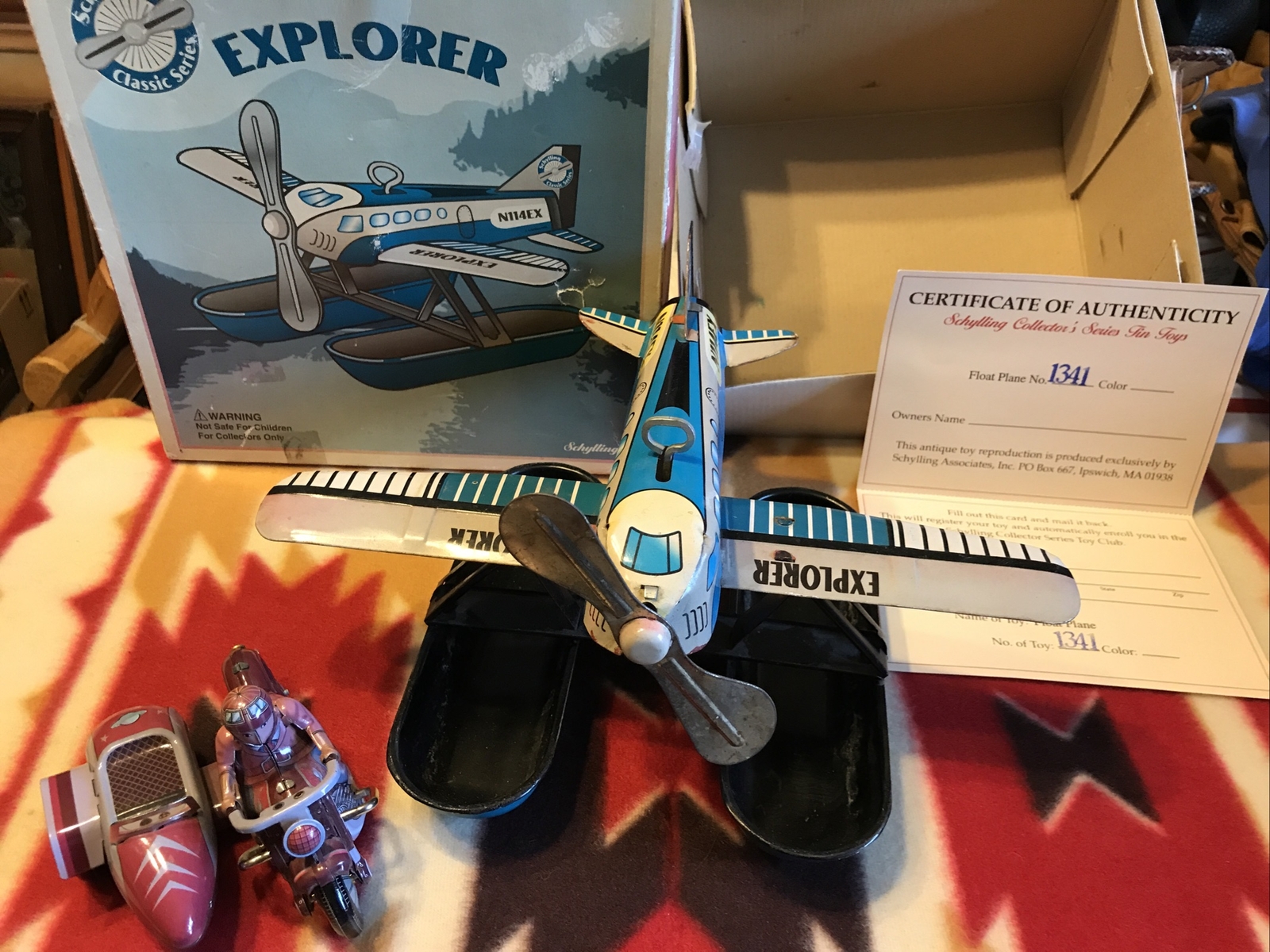 SCHYLLING Propeller Sea Plane Tin Windup Pontoon Box/ Motorcycle Side Car Rider