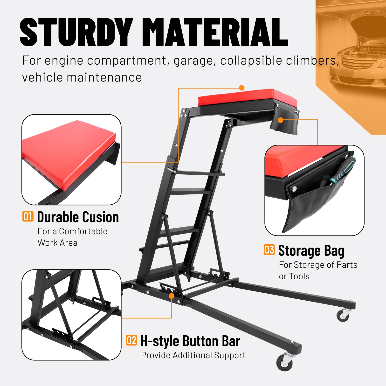 Foldable Automotive Topside Creeper Adjustable Height Movable Ladder 400Lbs