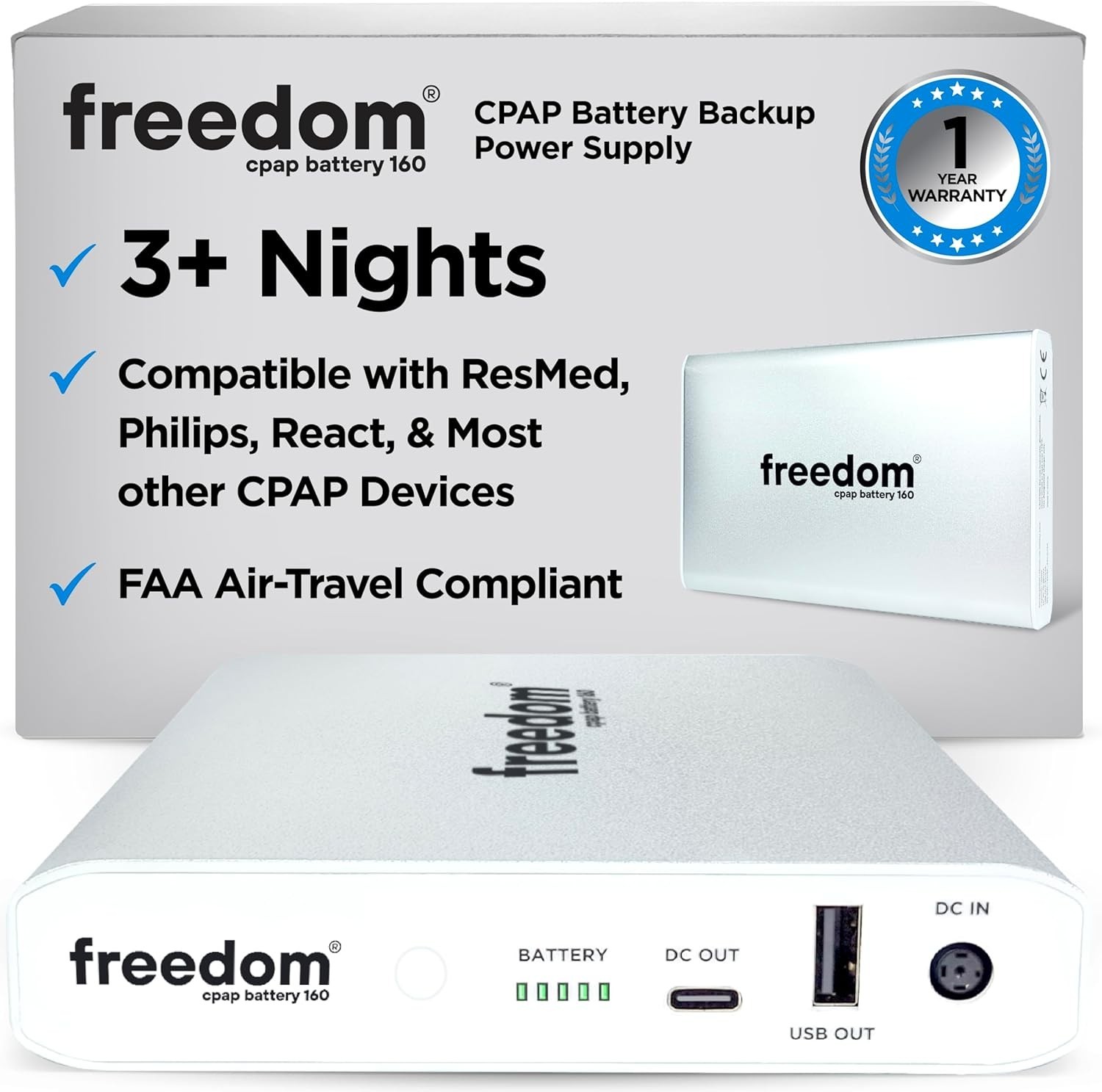 freedom CPAP Battery Backup for Travel, Camping, Outages, Air Travel 160Wh