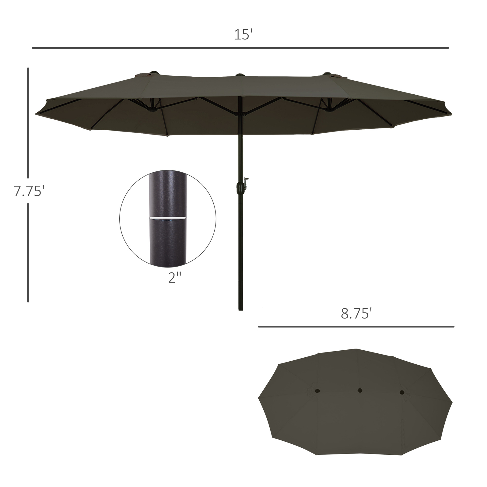 15' Outdoor Double Sided Market Patio Umbrella Steel Rectangular - Grey