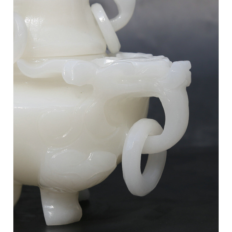 6.5" Chinese White Jade Carved Dragon Head Beast Tripodia Incense Burner Censer
