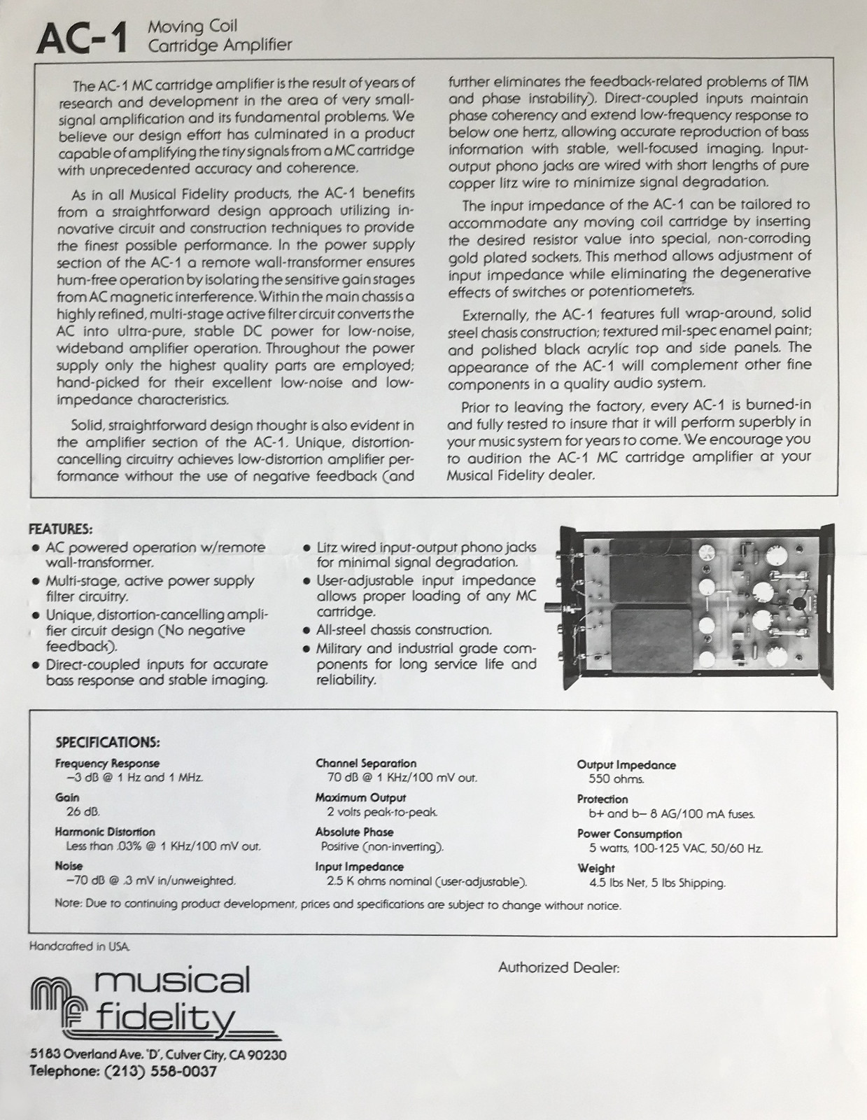 VINTAGE Early 1980's Musical Fidelity AC-1 Moving Coil Cartridge Head Amplifier