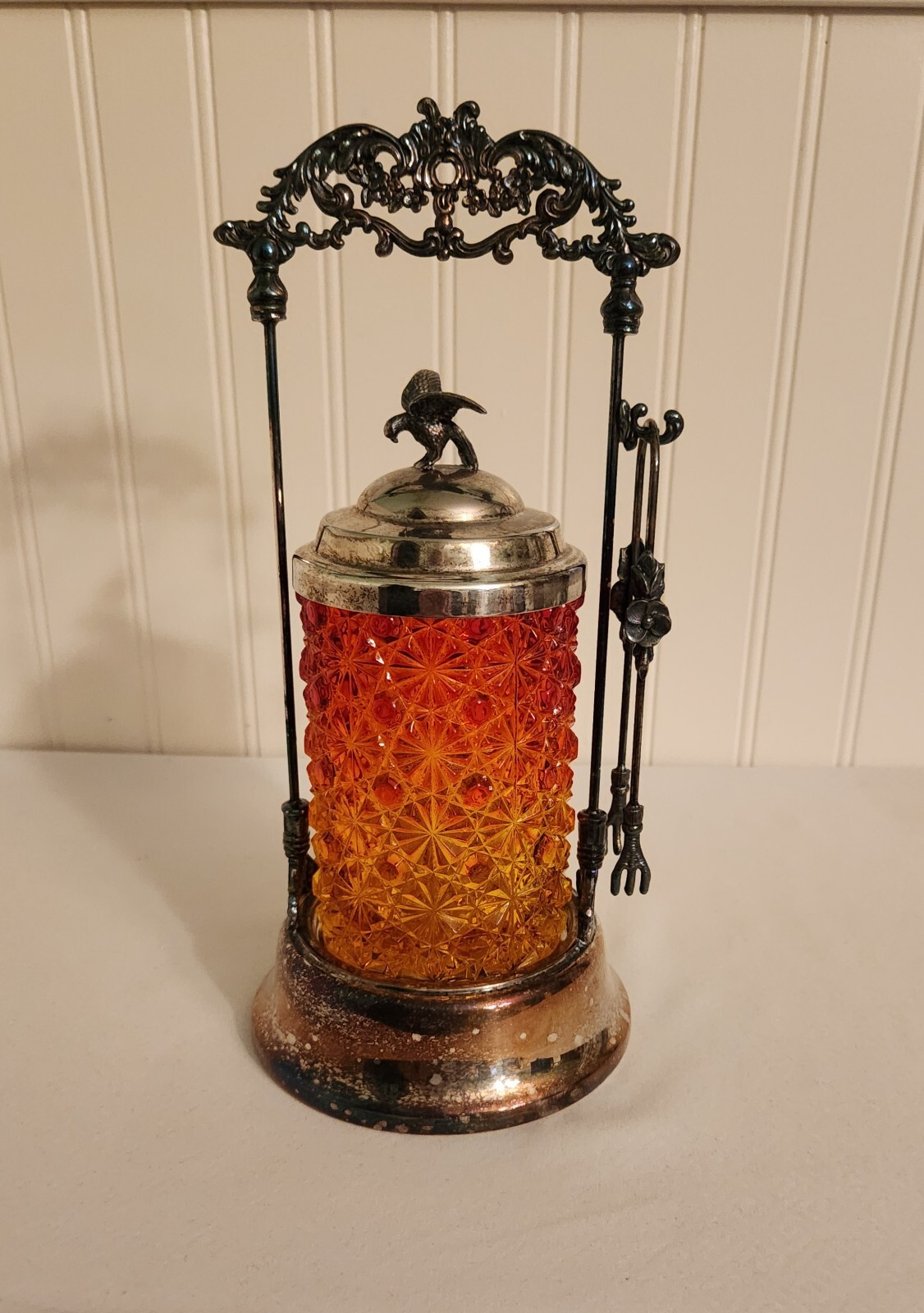 Antique Victorian Amberina Glass Daisy Button Pickle Castor Ornate Eagle Finial