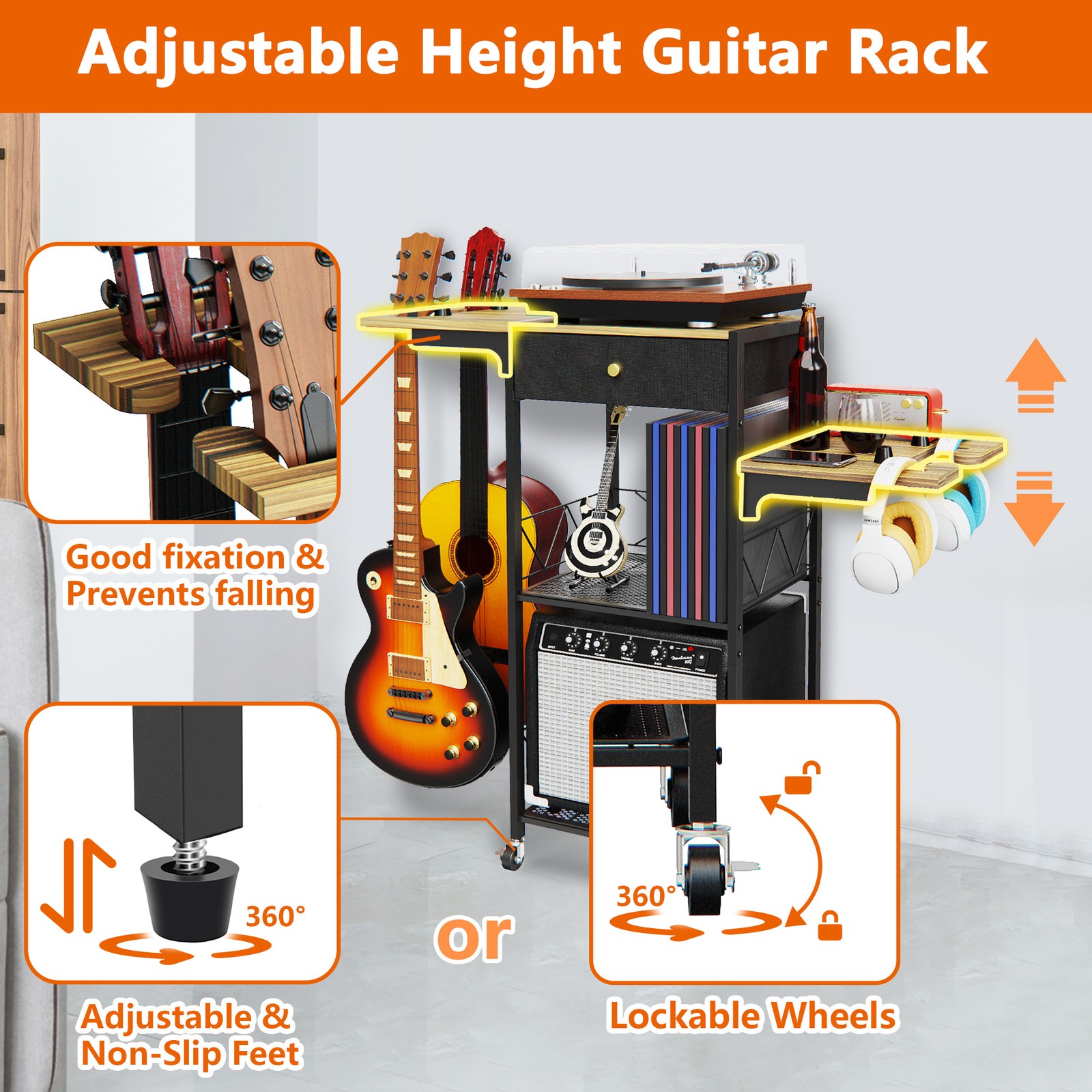 3-Tier Multi Guitar Stand with 4 Guitar Holder & Wheel,3-In-1 Floor Guitar Rack
