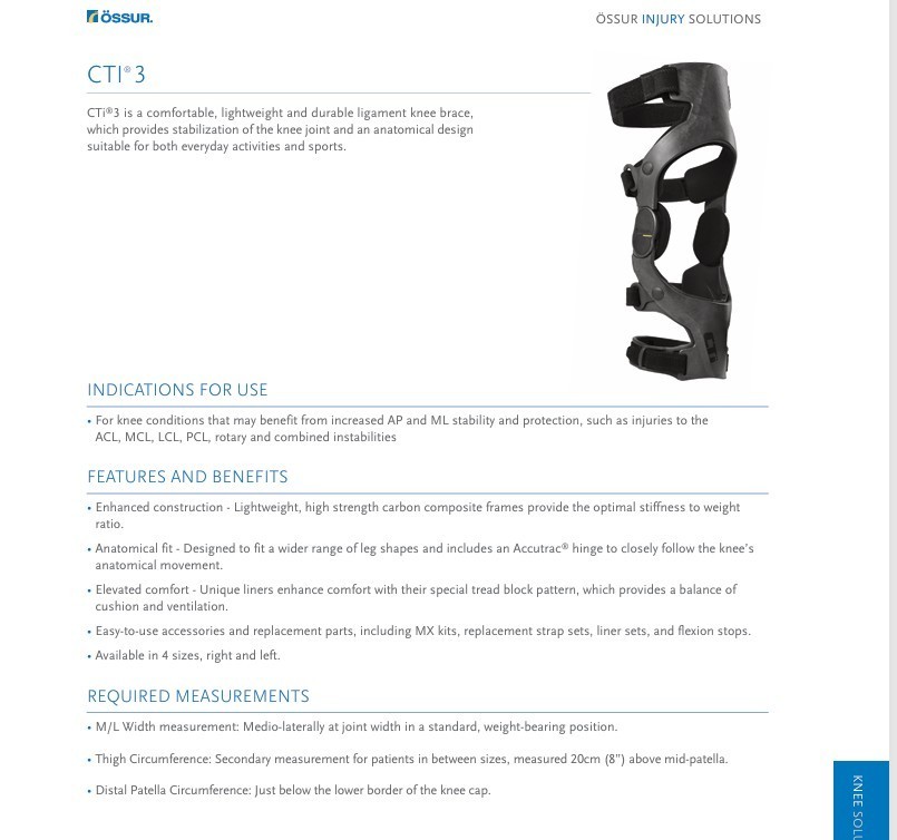 Ossur CTI3 Knee Brace for ACL, MCL, LCL, PCL or Instabilities - 33% OFF MSRP