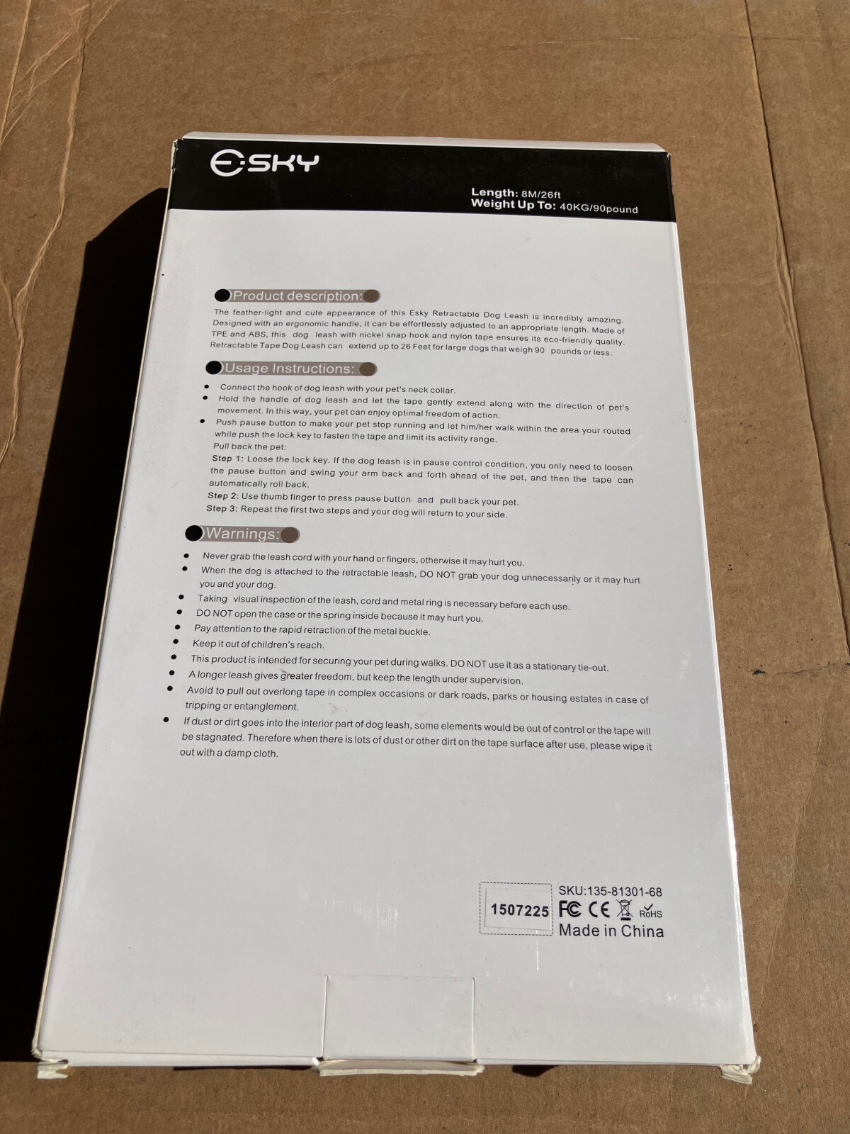 Retractable 26ft Dog Leash Heavy Duty up to 90lbs (Black Color/ One-Handed Lock)