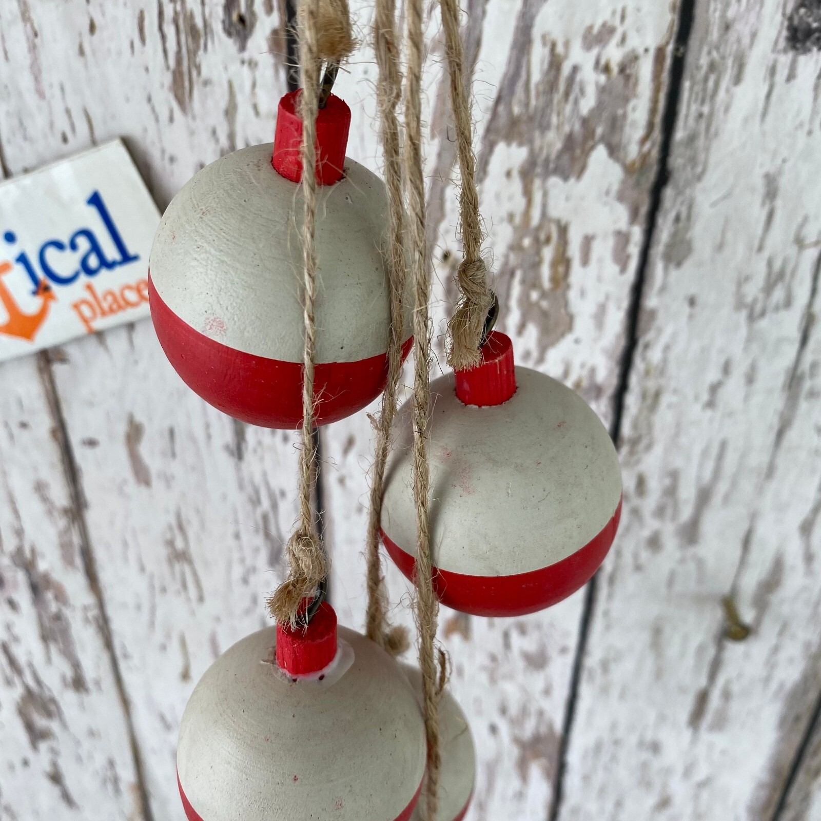 5 Wood Bobbers On Jute Rope, Distressed Red & White Fish Net Floats, Decor