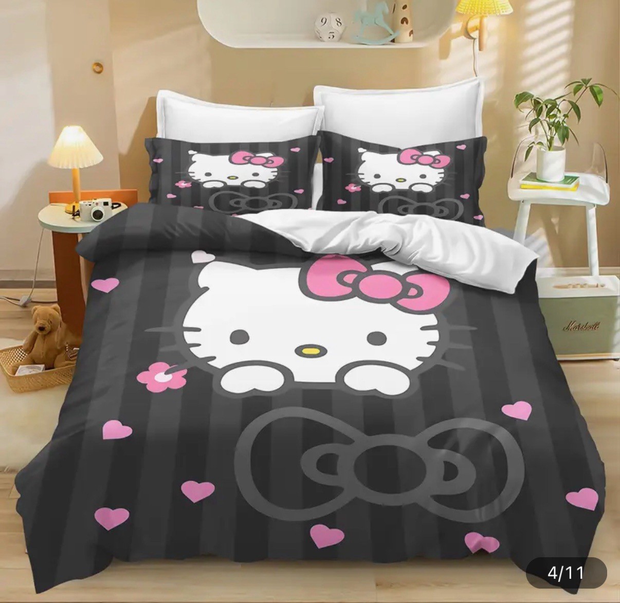Hello Kitty Bedding Set Black Sanrio Kawaii New Single Duvet Cover Pillowcases