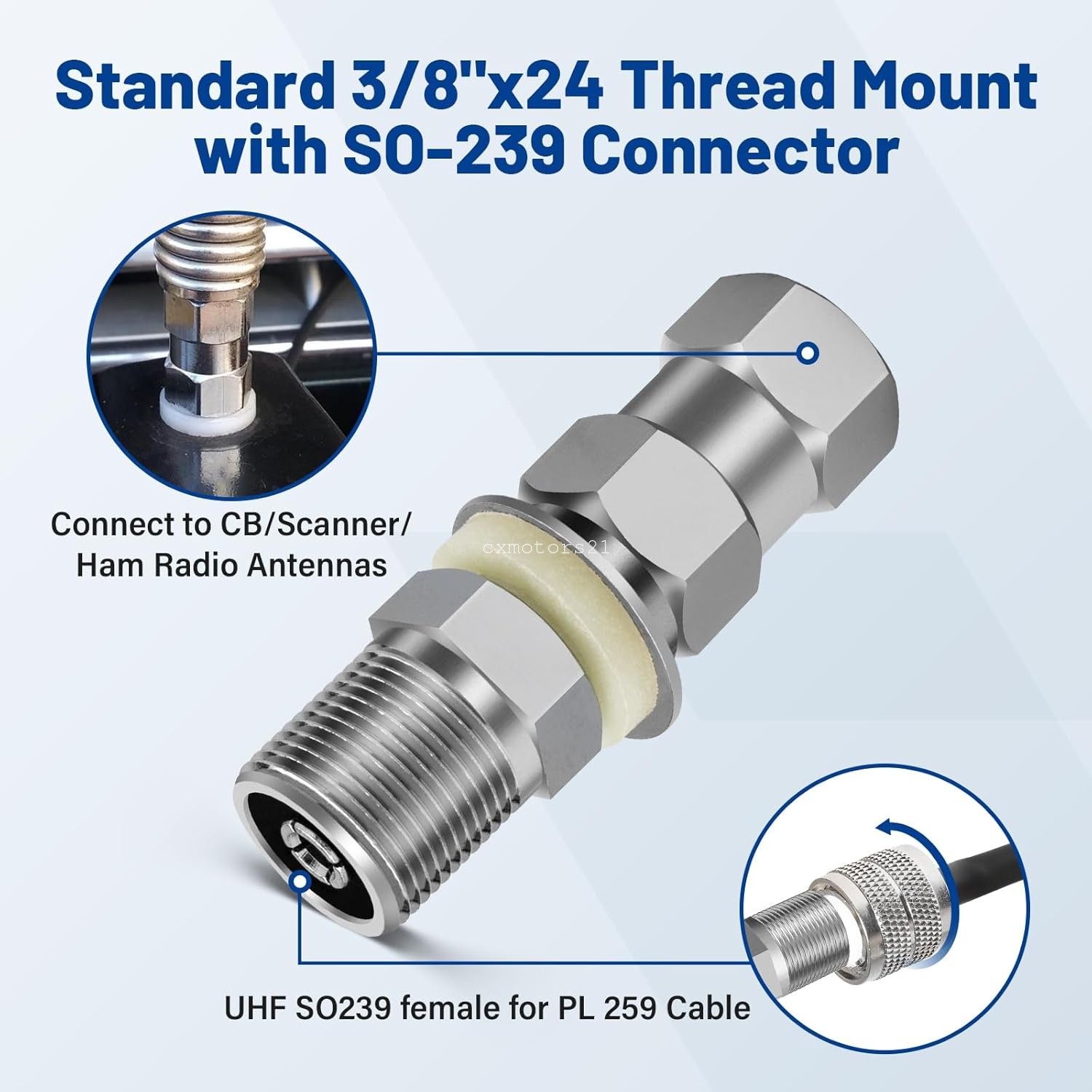 CB Antenna Stud Mount Adapter 3/8"x24 to SO-239 UHF Female Dual Hex Nut for Jeep