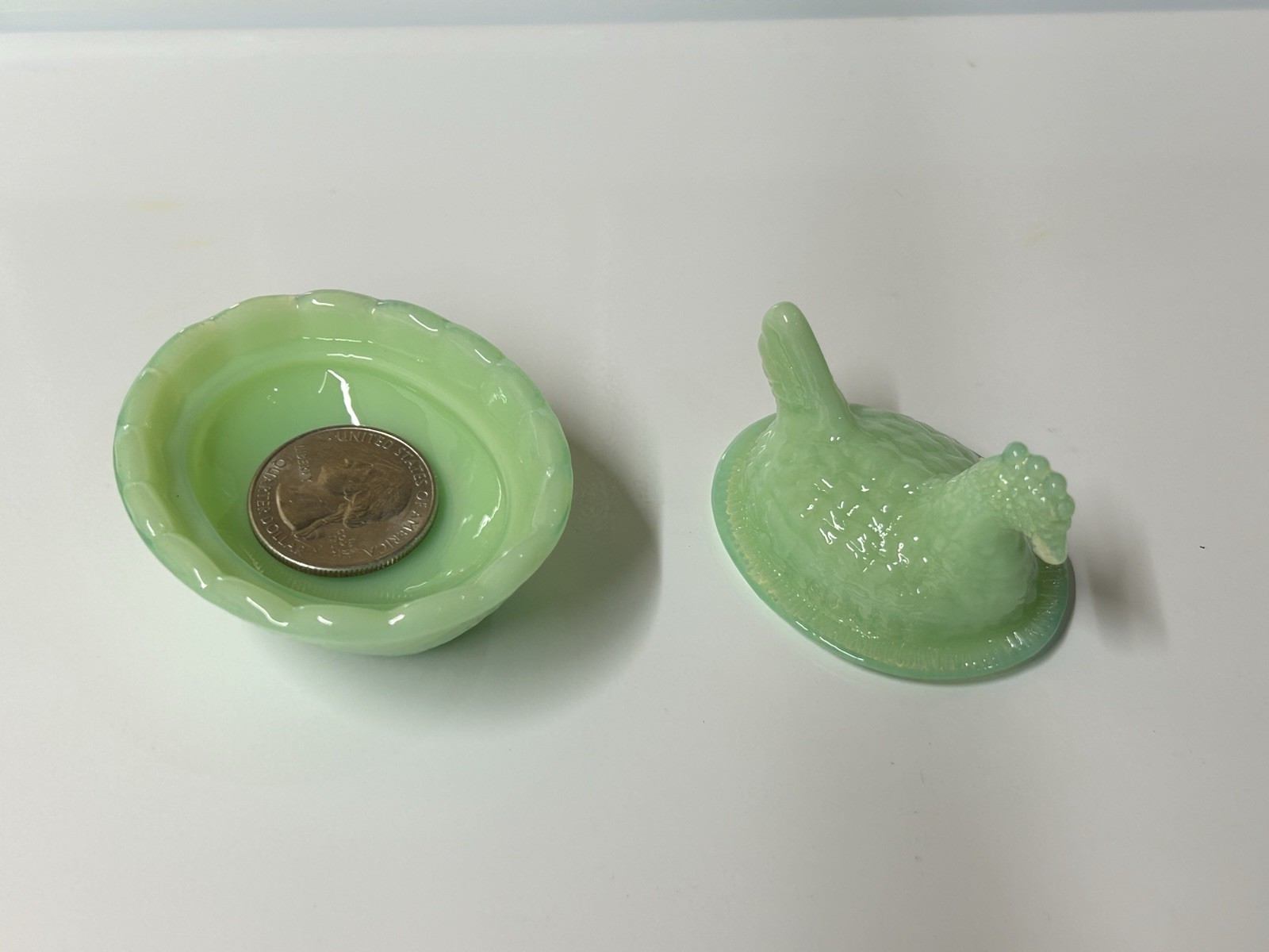 Depression Style Jadite Green Glass Mini Hen On Nests-2 1/2”