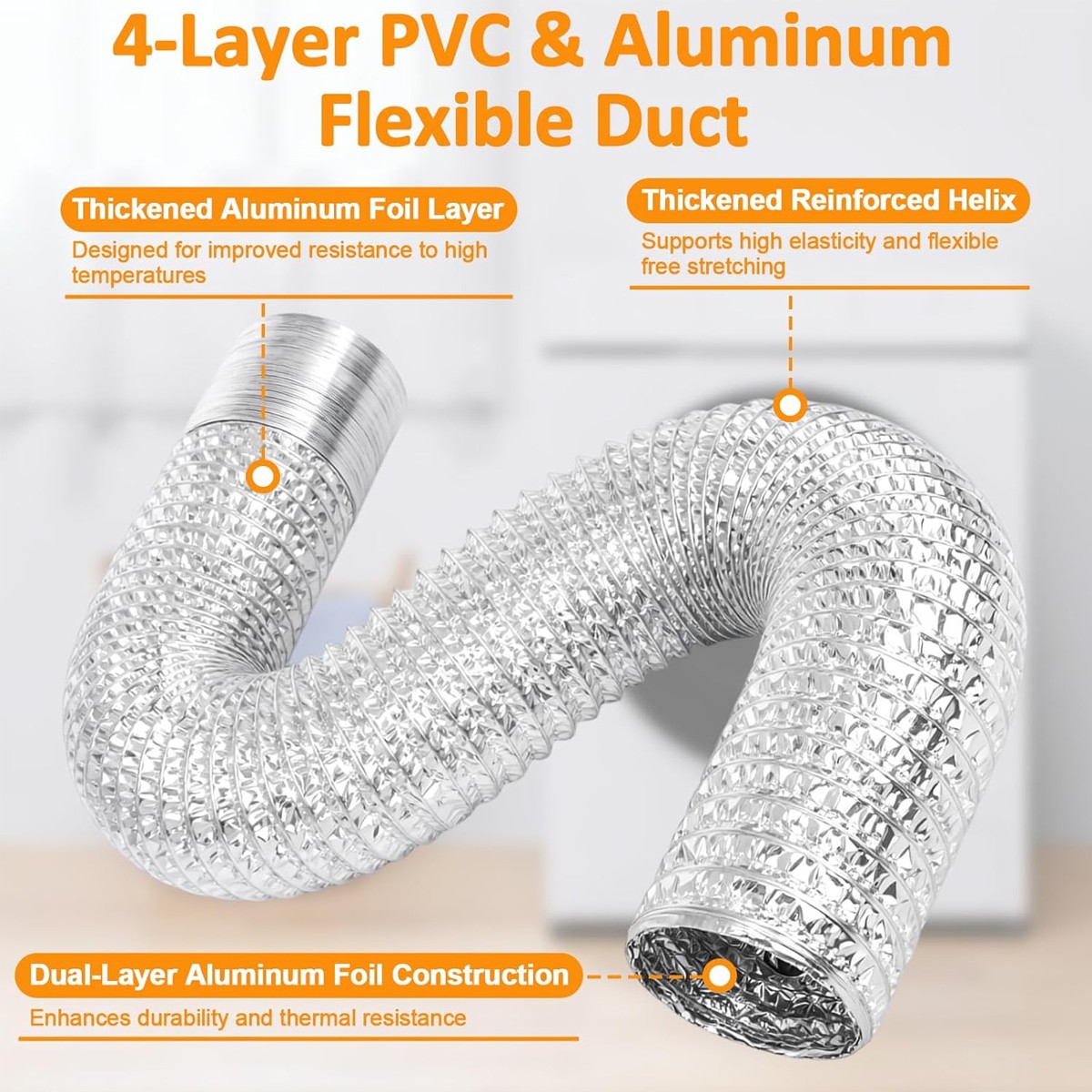4 Inch 10ft Flex Air Ducting for HVAC Ventilation with 2 Stainless Steel Clamps