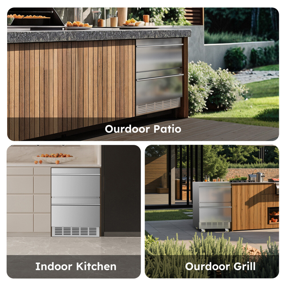 24 Inch Under Counter Refrigerator Double Drawer Beverage Fridge Stainless Steel