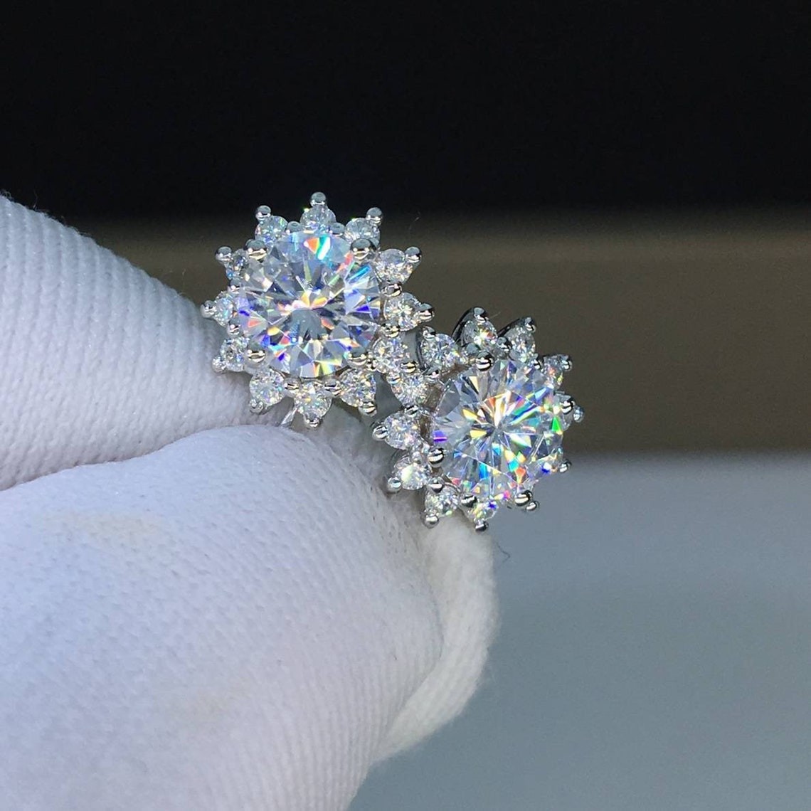 2.00 TCW Round Cut Halo Moissanite Wedding Earring Solid 14K White Gold For Her