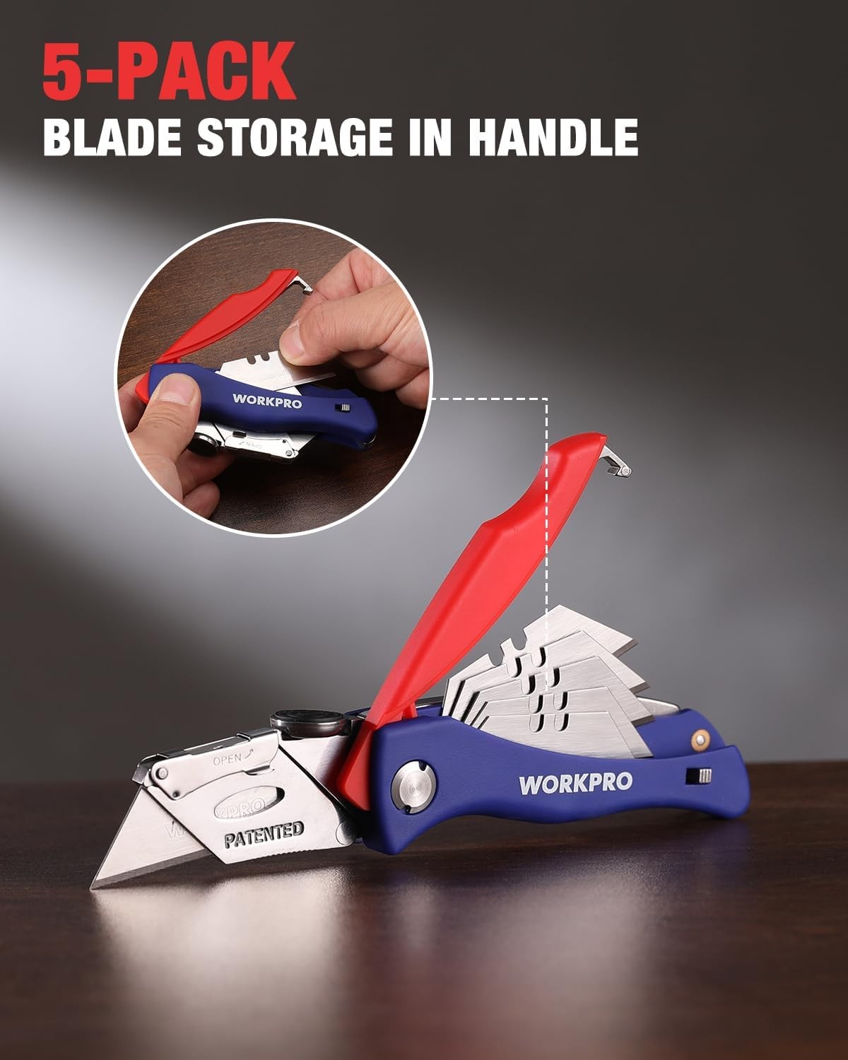 WORKPRO Folding Utility Knife Quick-Change Box Cutter 5PCS Extra Blade in Handle