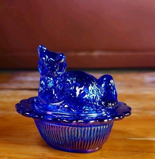 Mini Cat On Basket Cobalt Blue Carnival 2.75" x 2.25" Mosser Glass