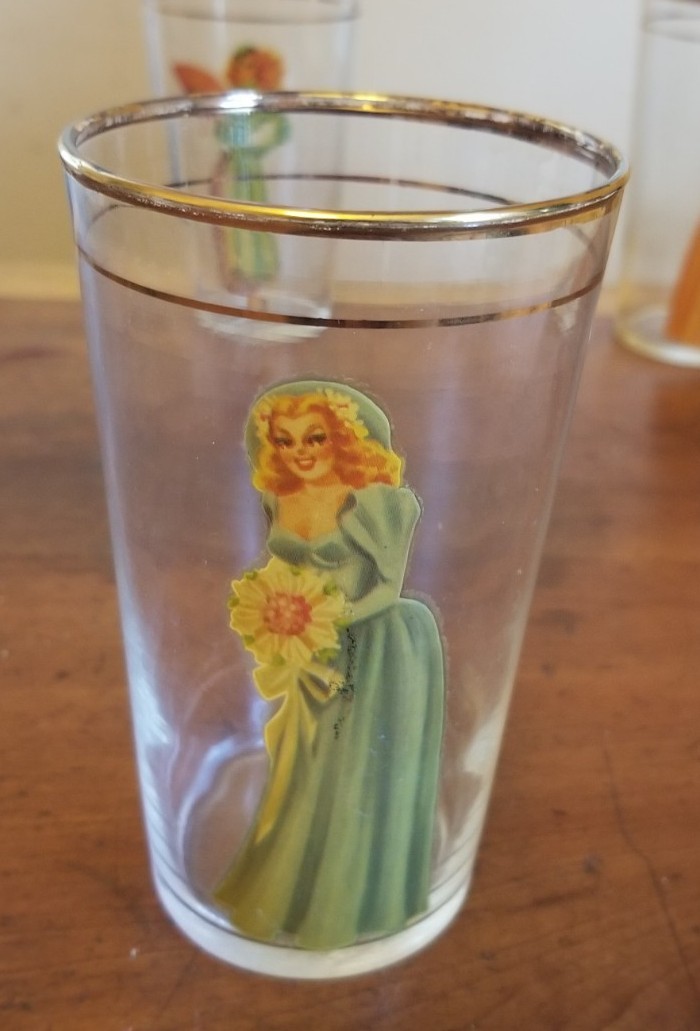Set of 3 Vintage 1940s Peek-A-Boo Decal Pin Up Lady Girl Highball Glasses