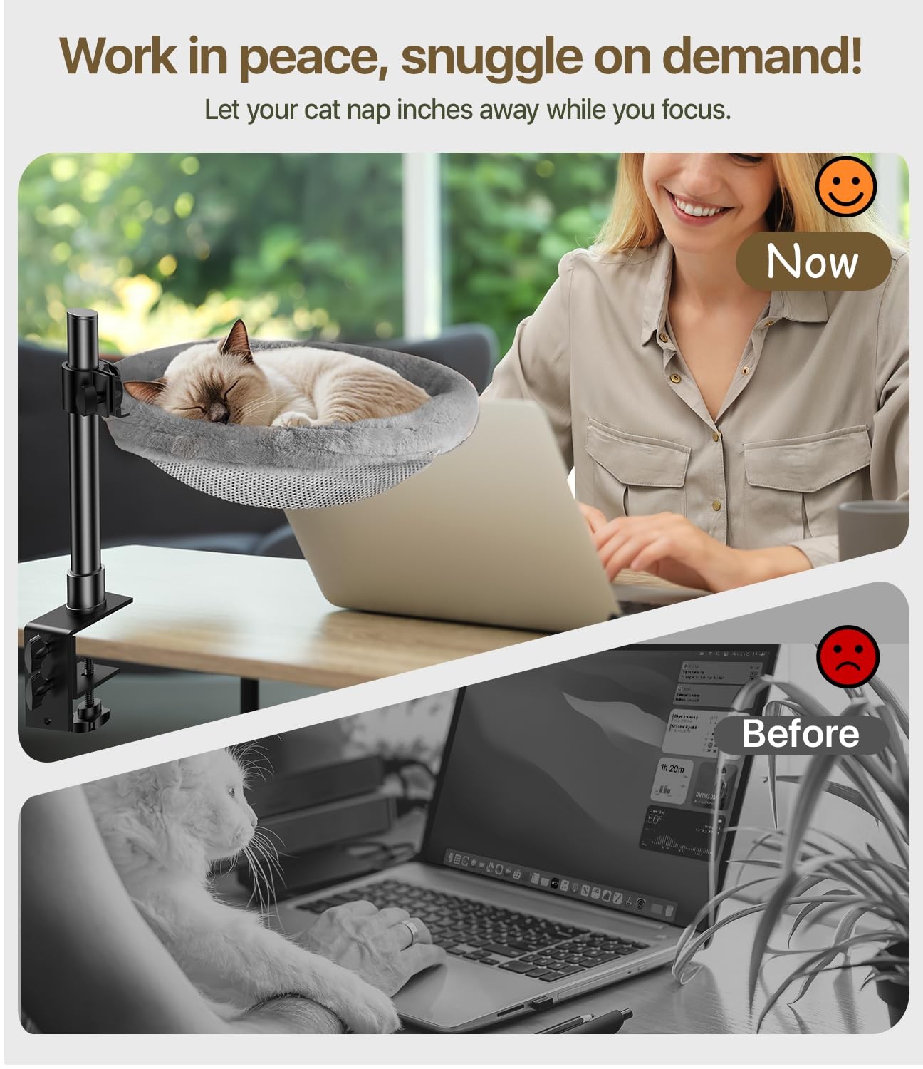 Cat Desk Bed, Cat Hammock for Home Office, 360°Rotating & Adjustable Shelf, R...