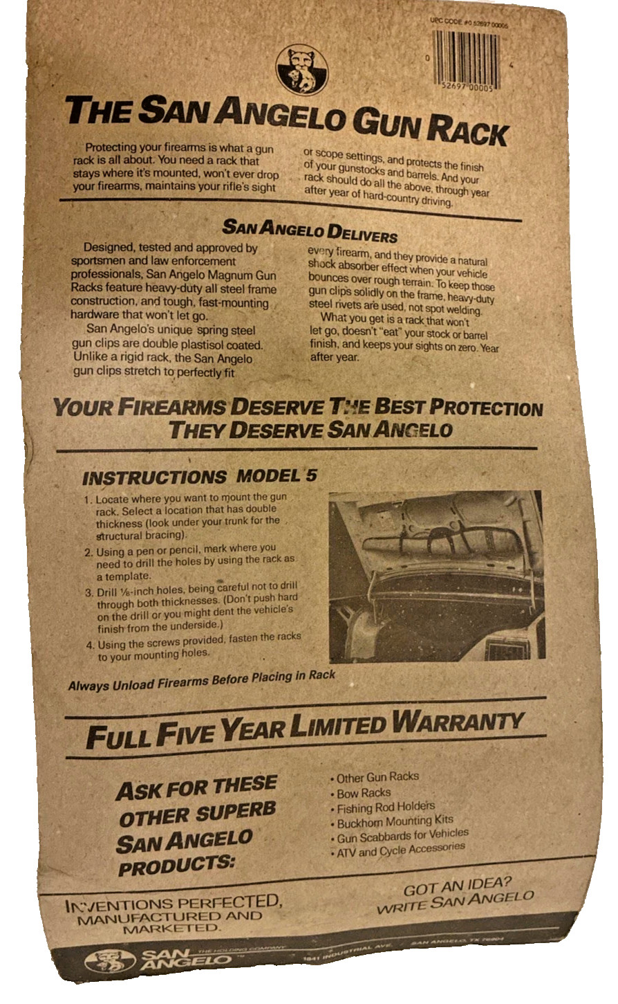 Vintage San Angelo Latching Magnum 5 Gun Rack New Old Stock FREE FAST SHIPPING