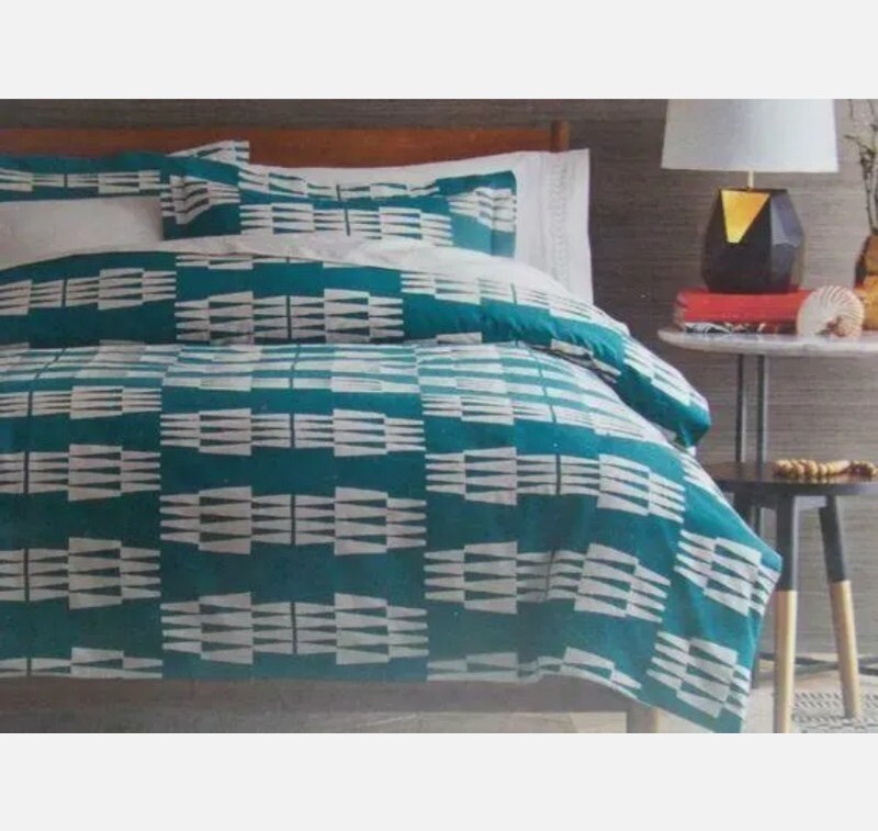 Brand New NATE BERKUS 3pc F/Q Duvet set Ogee Teal Ivory 100% COTTON