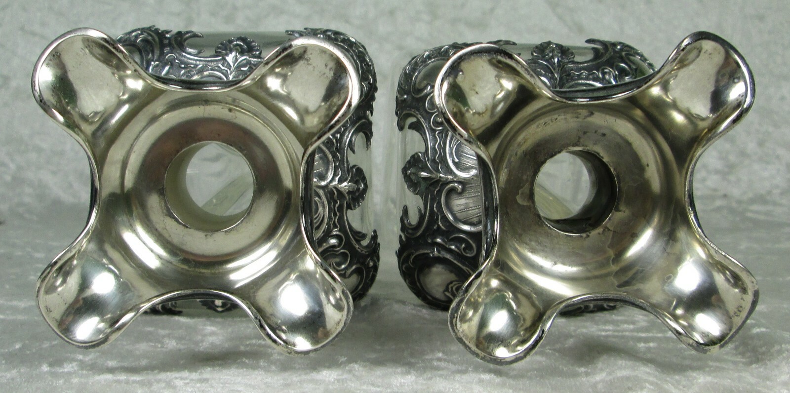 Wilhelm Binder Art Nouveau Decanters 800 Silver Overlay Pinched Glass Antique