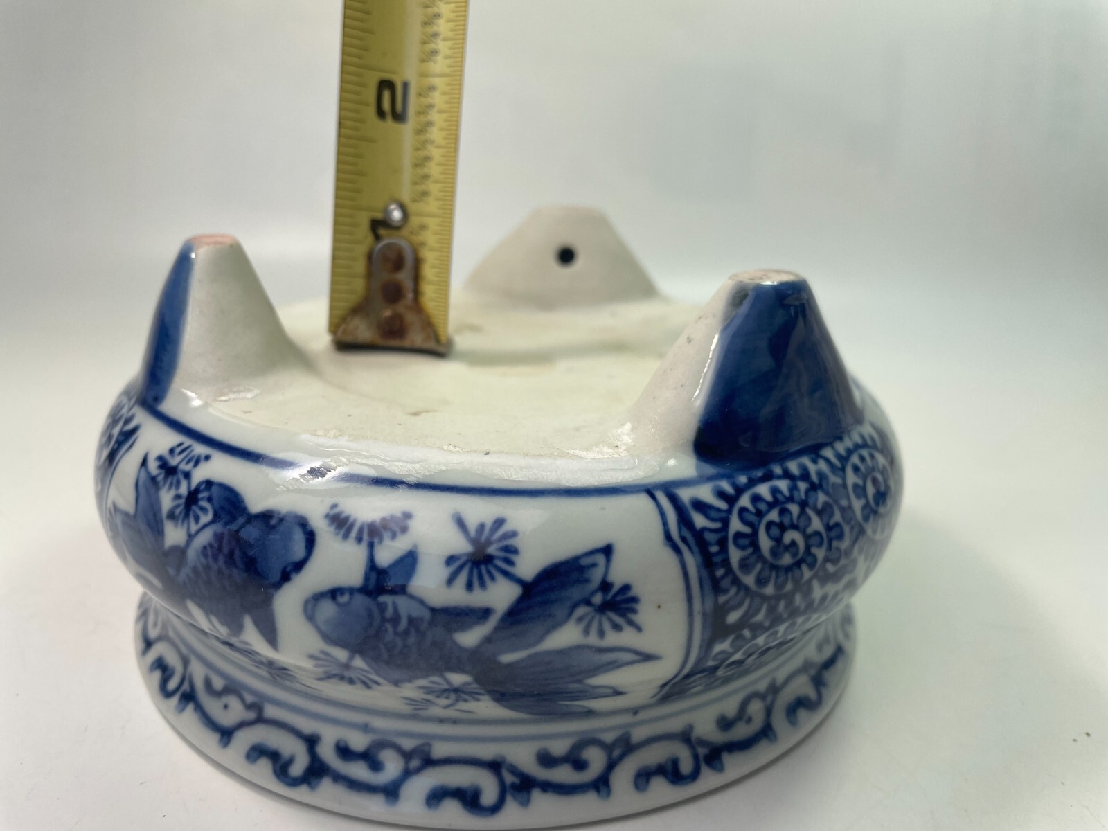 Antique Chinese Tripod Incense Burner Pair Gold Fish Blue & White B60