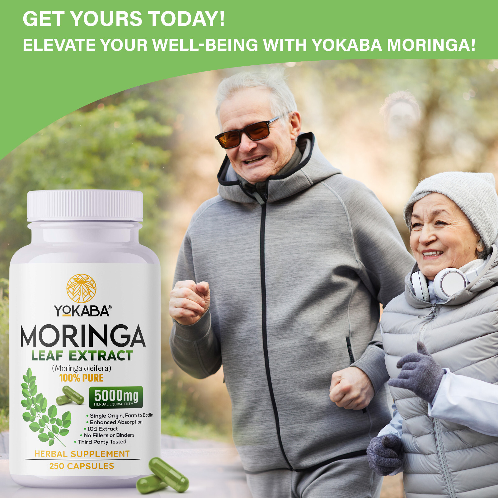 250 Capsules Moringa Oleifera Leaf Powder 5000mg - Organic Herbal Extract YOKABA