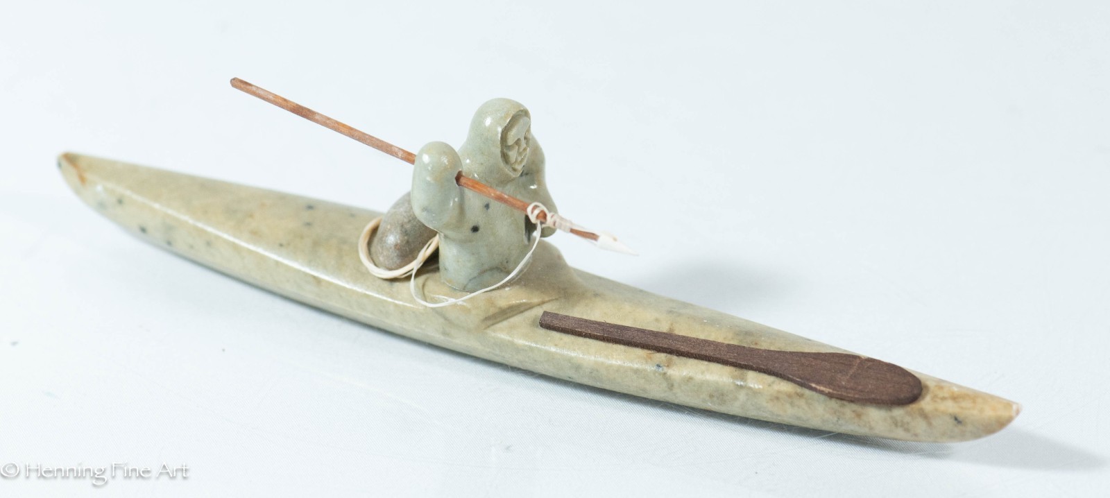 Beautiful Eskimo Carving of Spear Fisher in Kayak by Chuck Poupart, Lovely!