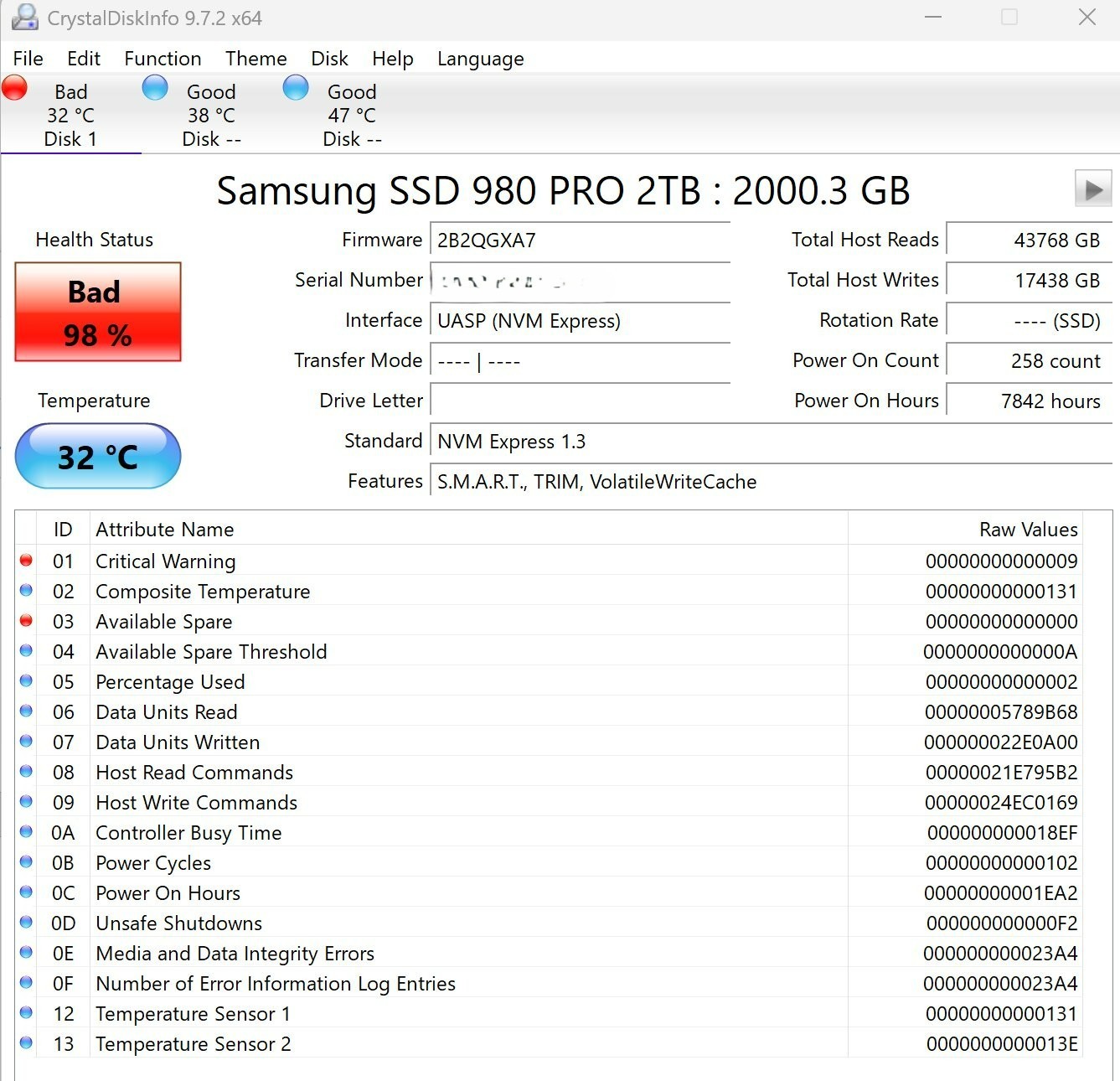 AS IS - DEFECTIVE - Samsung 980 PRO 2TB V-NAND SSD NVMe M.2 SSD MZ-V8P2T0B/AM
