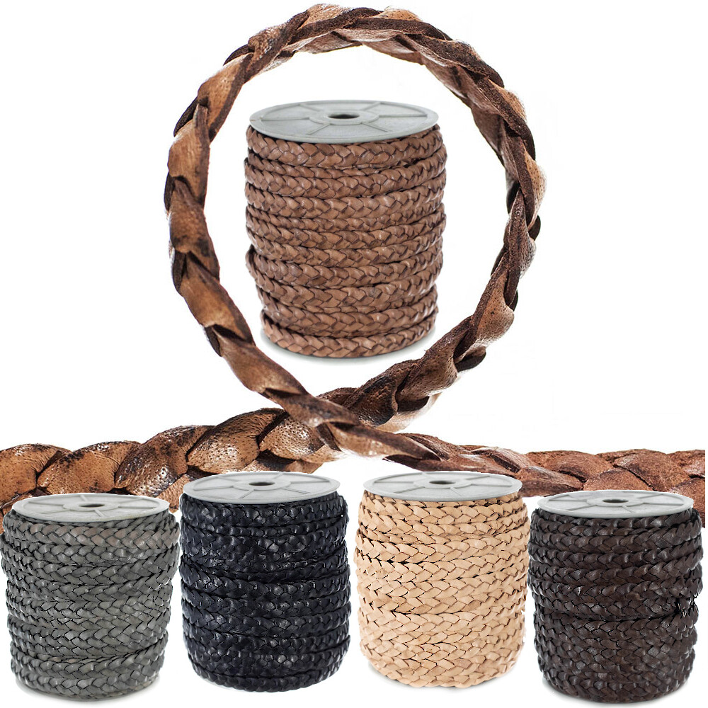 Flat Braided Leather Cord - 5mm & 10mm Widths - 5, 10, 25 YD Lengths - 5 colors
