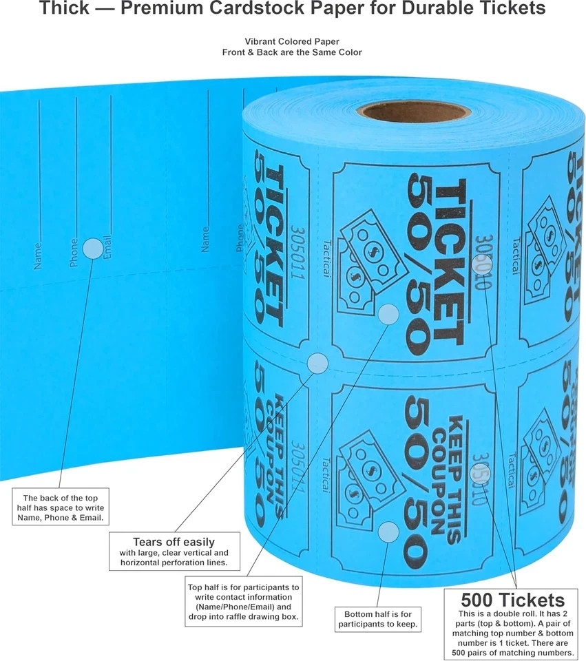 500 Raffle Tickets, 50/50, Blue (1 of 8 Colors), Double Roll, Large Ticket for E