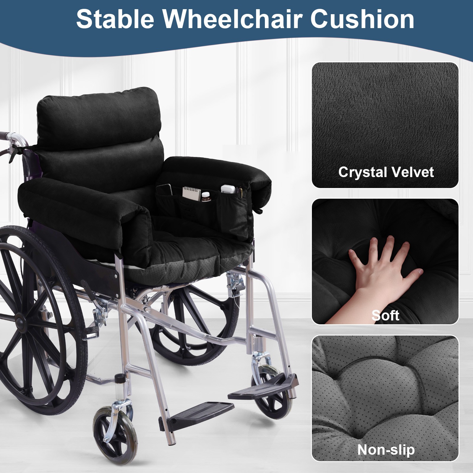 Comfort Wheelchair Cushion Pad w/ Side+Back Pocket Fit 16-19" Chair w/ Full Arms