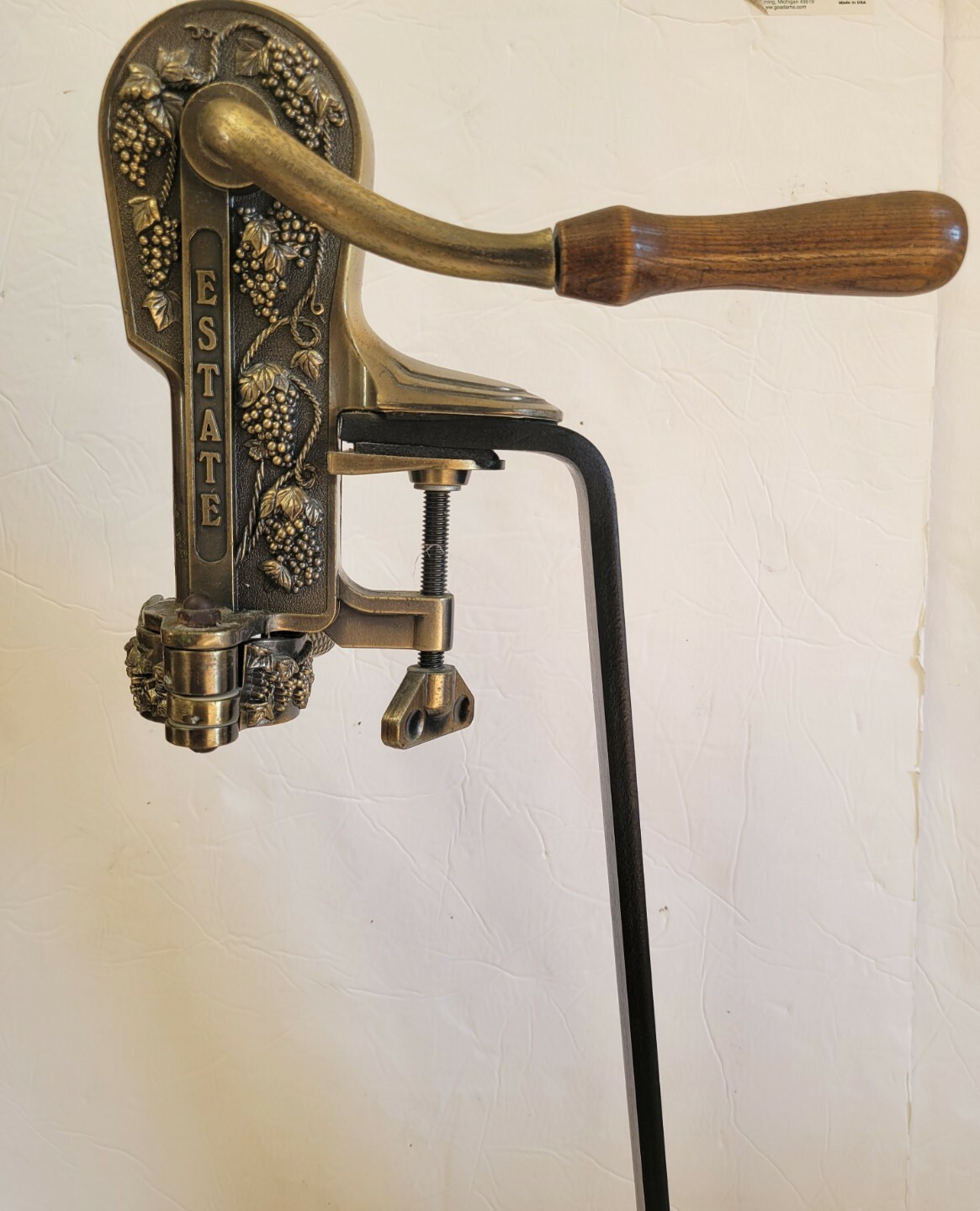 Rogar Estate Antique Brass Table Top Wine Bottle Opener w/ Wood Stand Corkscrew