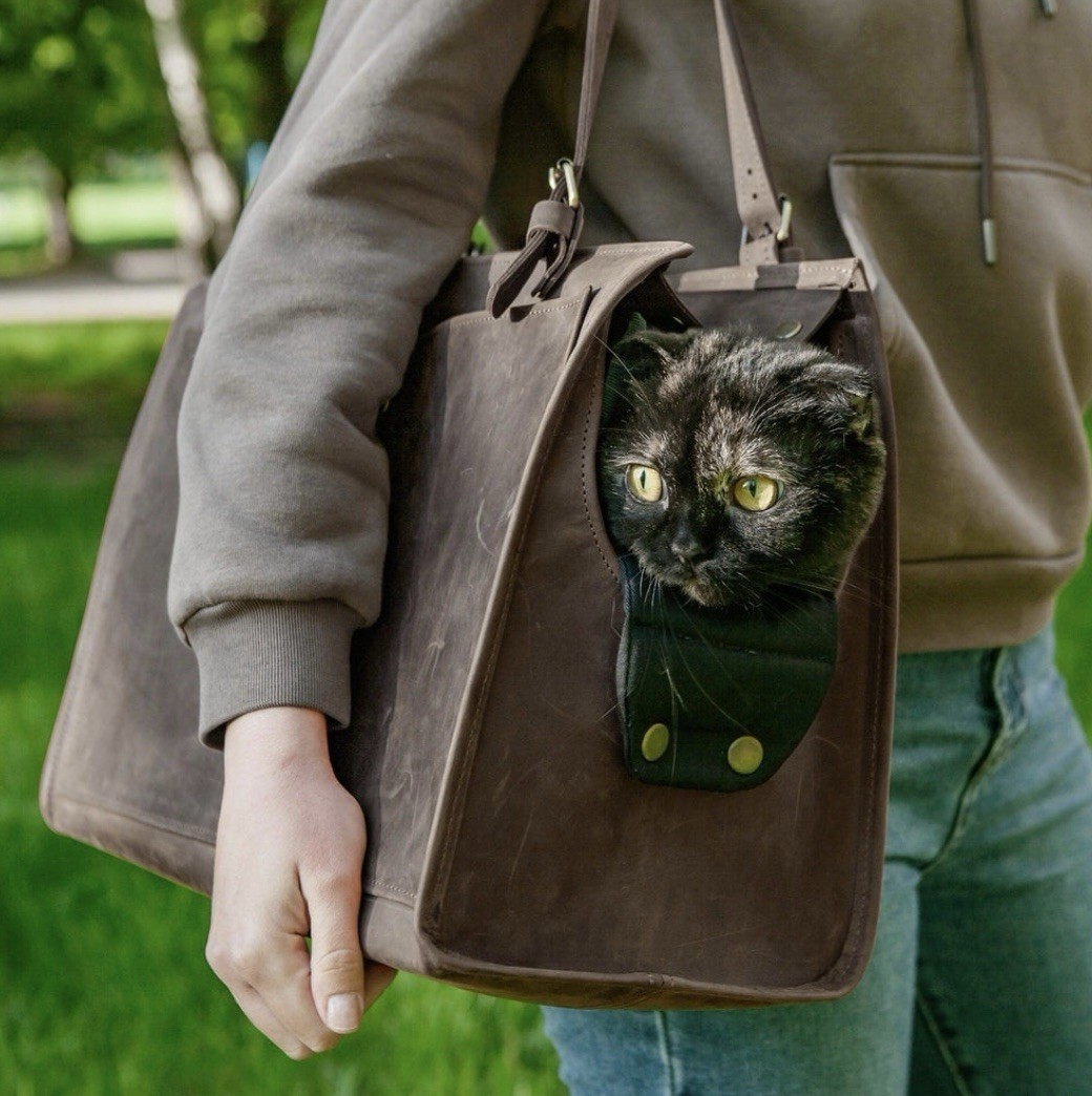 Pikore Large Black Leather Cat Carrier Tote Travel