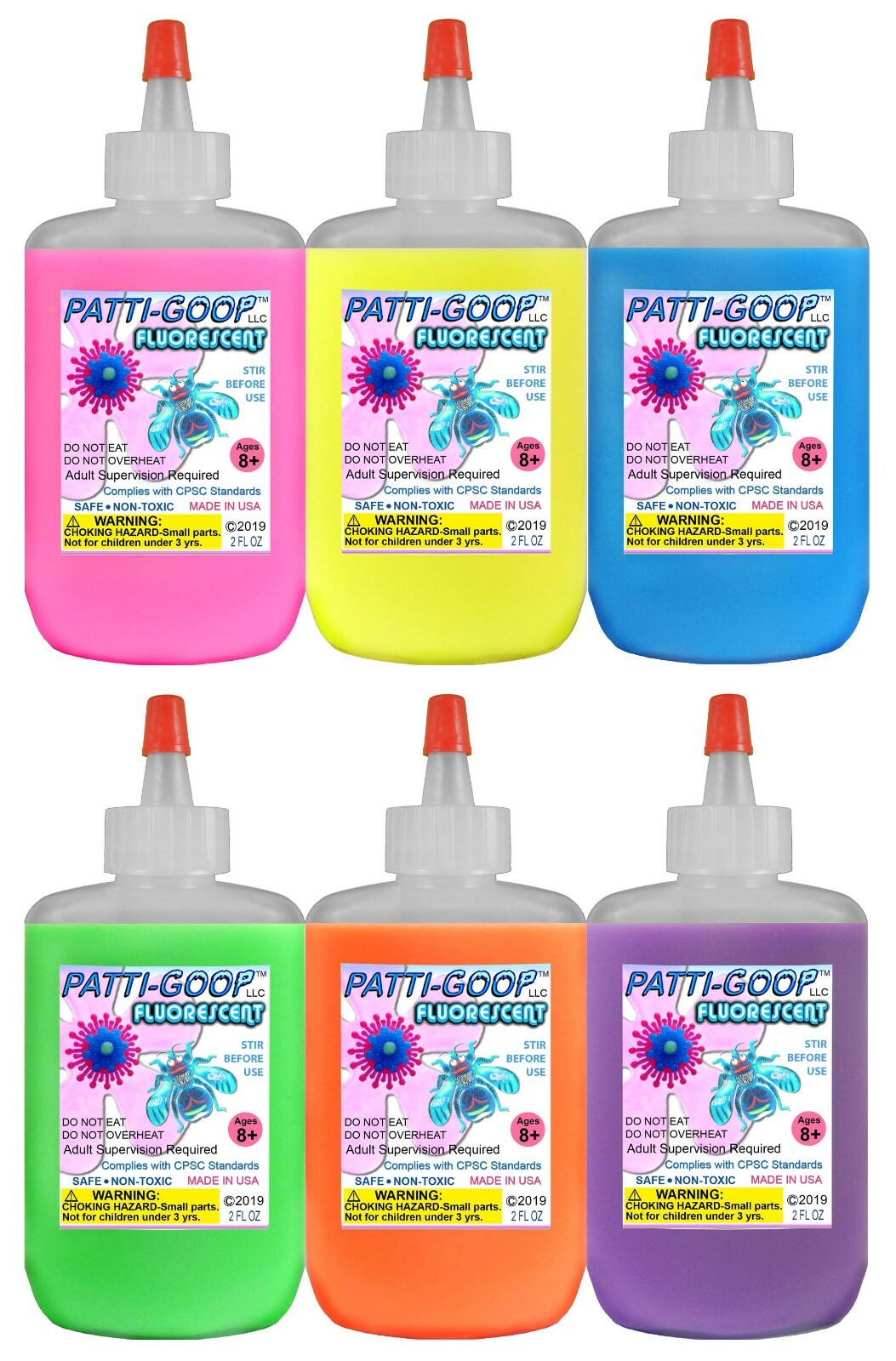 FLUORESCENT 6-PACK PATTI-GOOP MADE FOR CREEPY BUGS TOYS RUBBERY CRAWLERS