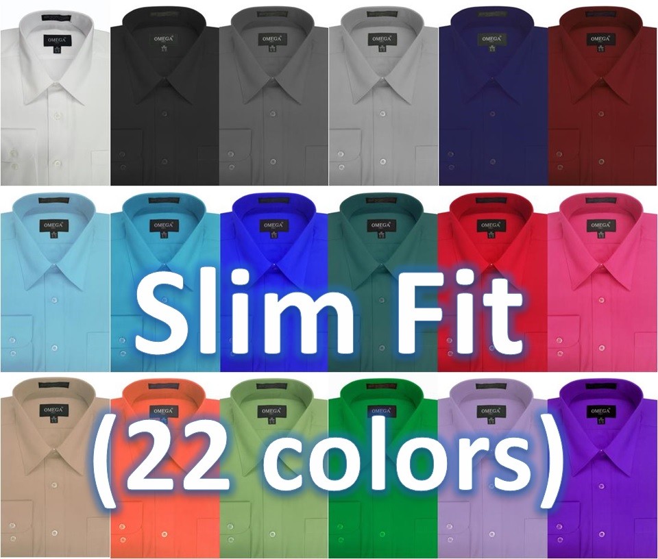 Mens Solid Slim Fit Premium Dress Shirt, Various Colors, Sleeve lengths.