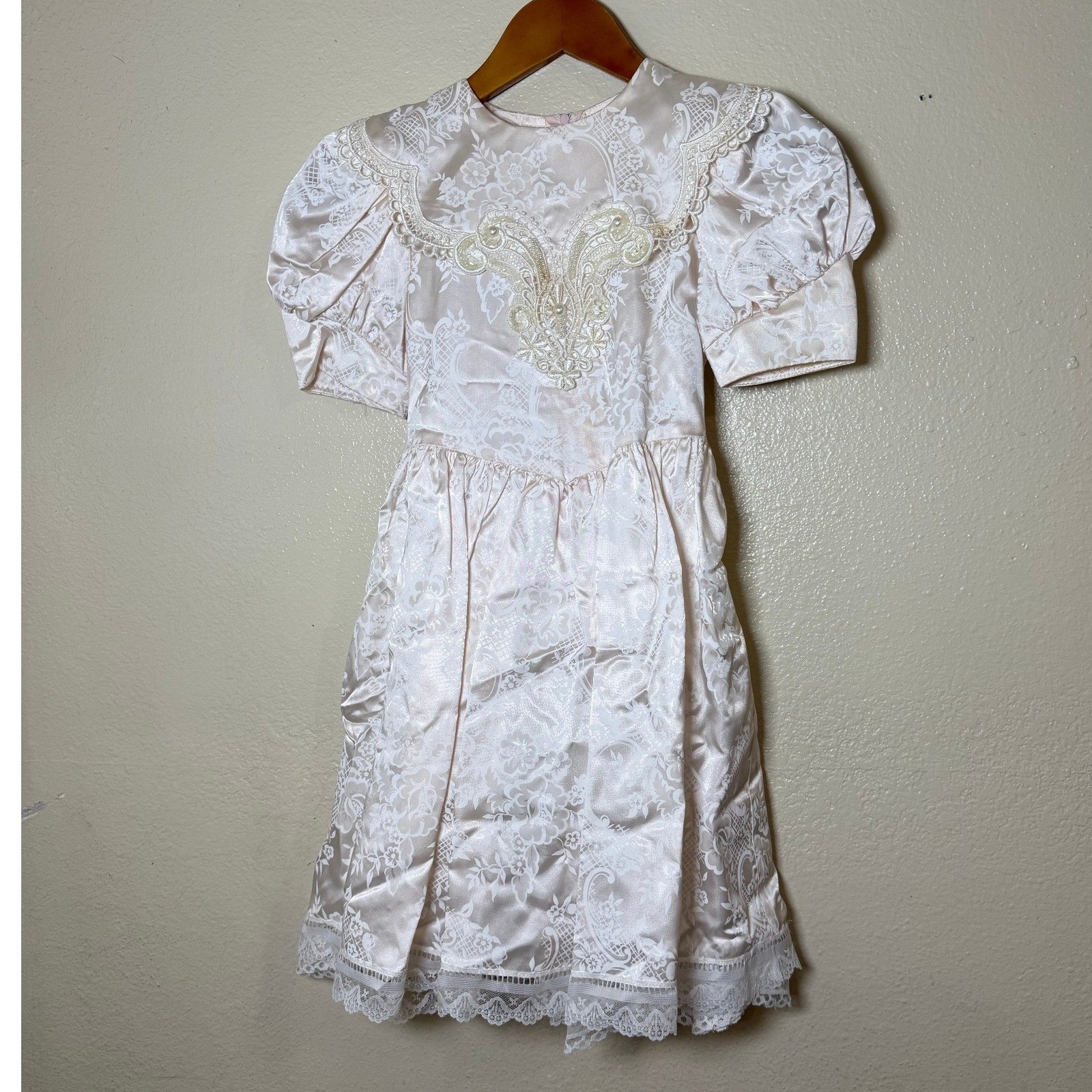 Vintage Gunne Sax Girls Dress 6 Champagne Lace Pearl Damask Victorian Formal USA